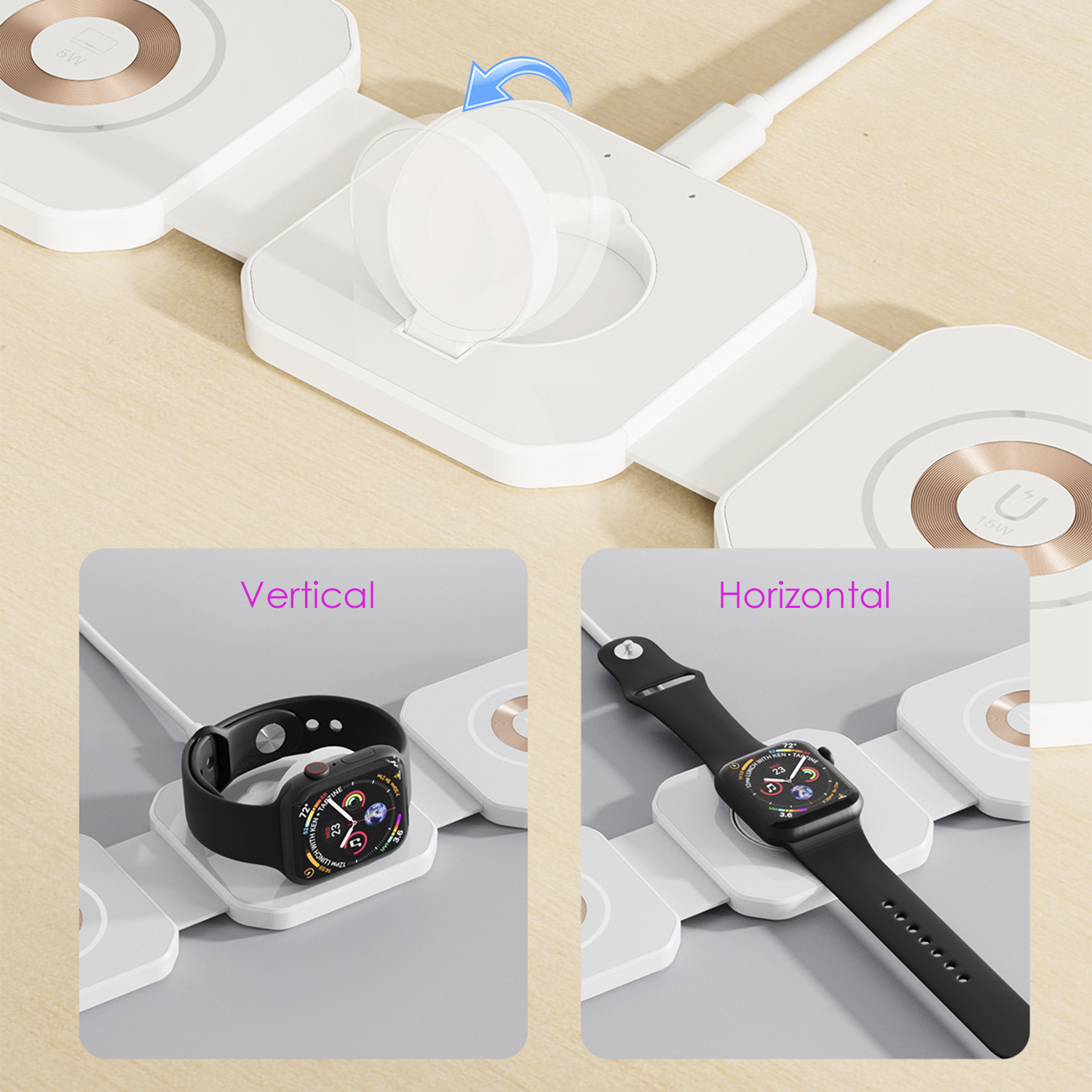 Stazione di ricarica bianca con due Apple Watch, uno verticale, uno orizzontale e un disco di ricarica.