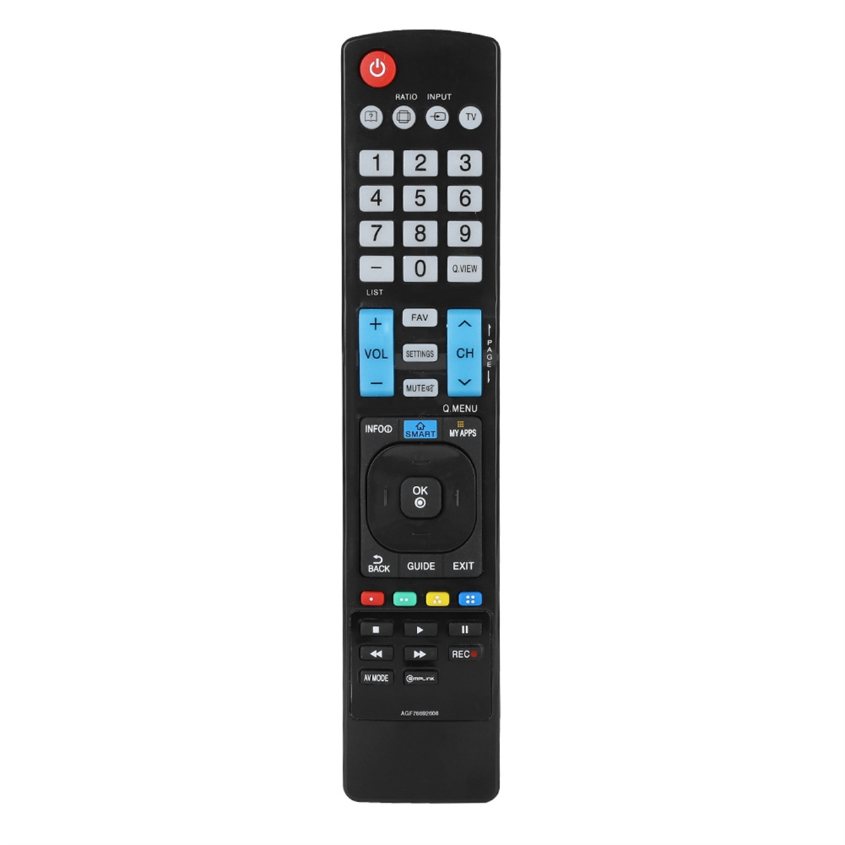 Schwarze Fernbedienung mit Tasten für TV-Funktionen.