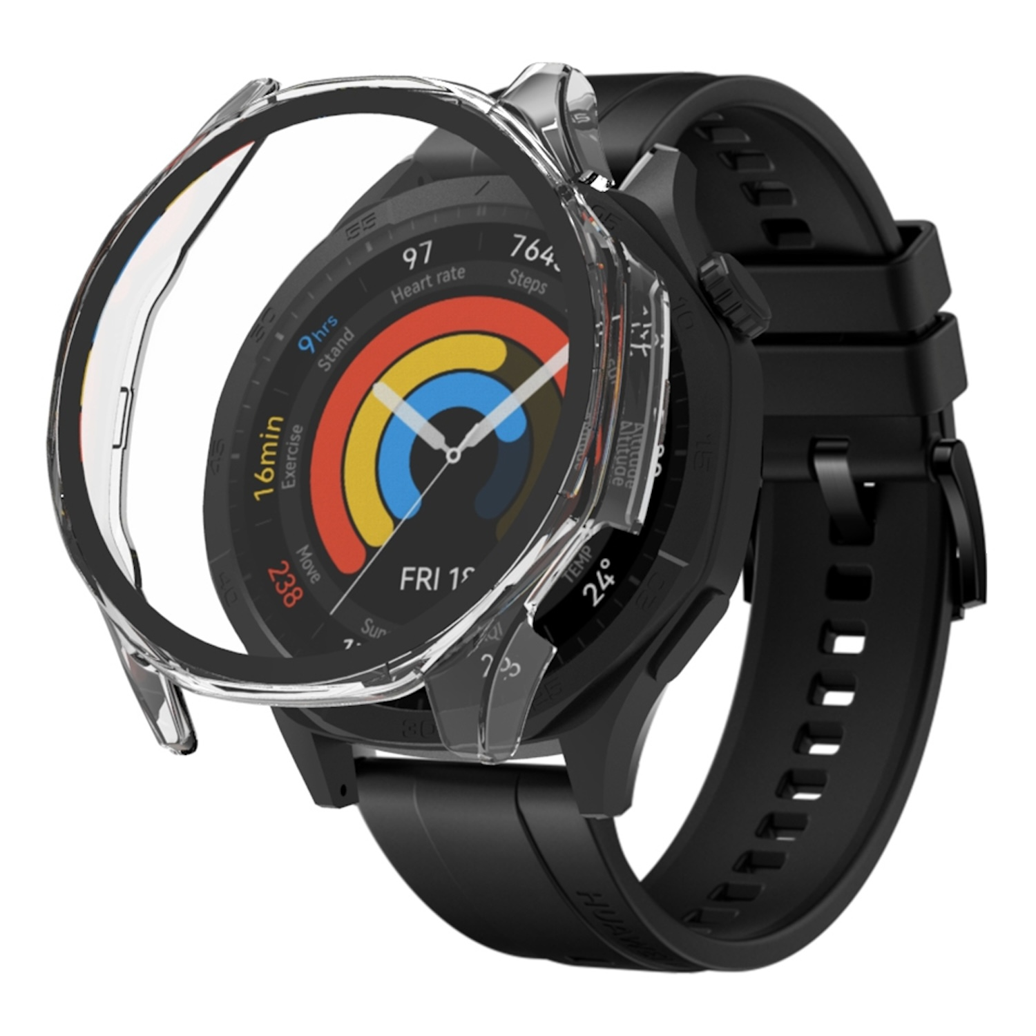 Eine schwarze Smartwatch mit klarer Schutzhülle, die Zeit, Herzfrequenz und andere Gesundheitsdaten anzeigt.