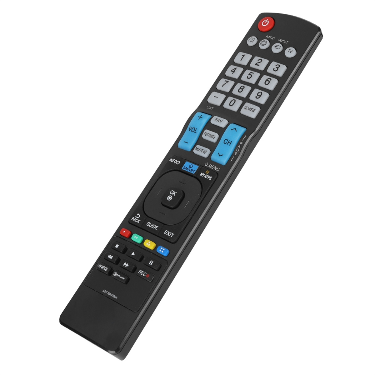 Schwarze TV-Fernbedienung mit Tasten, Beschriftungen und einem roten Ein-/Aus-Knopf oben.