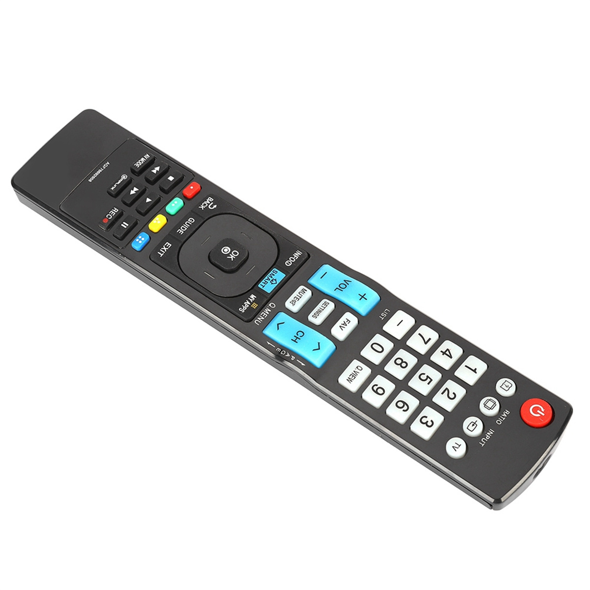 Eine schwarze TV-Fernbedienung mit vielen Tasten. Einige Tasten sind blau, rot und grün.
