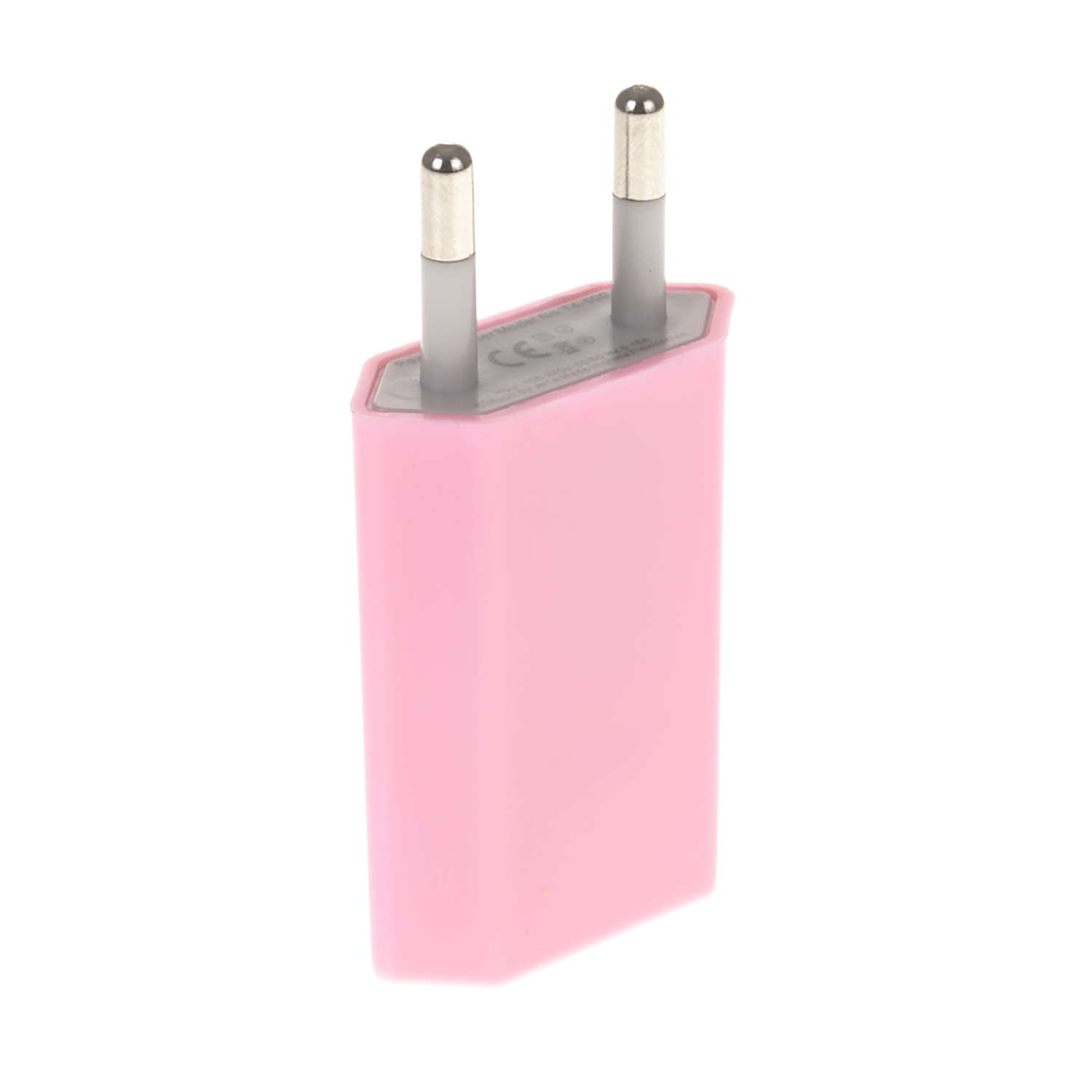 Un adattatore per spina europea rosa. Ha due pin e un frontale bianco.