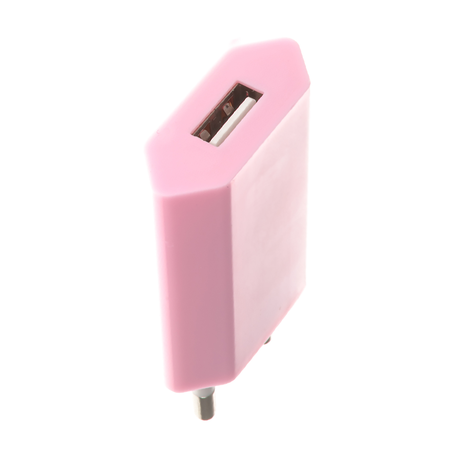 Caricatore USB rosa con porta USB. Ha una forma ottagonale.