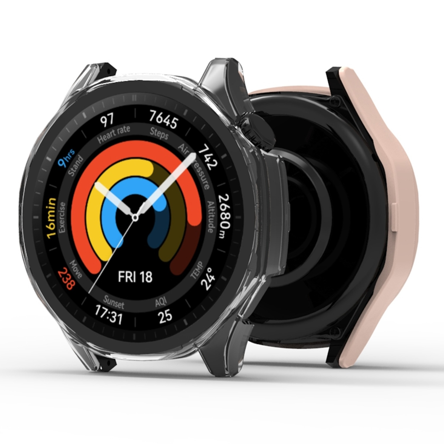 Smartwatch mit schwarzem Gehäuse und rosa Seite. Das Display zeigt Daten.