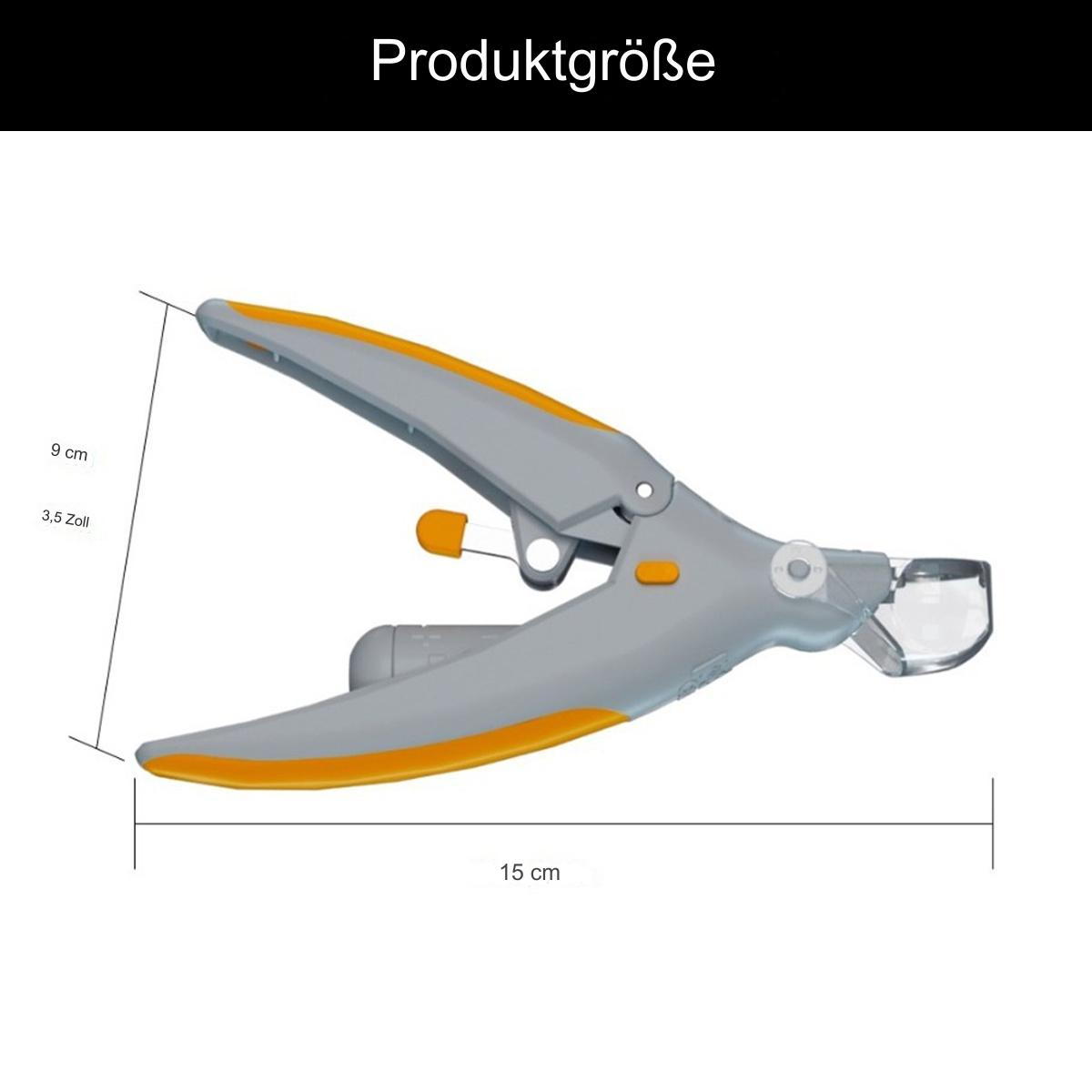 Eine grau-orange Nagelschere mit den Maßen 9 cm und 15 cm daneben angezeigt.