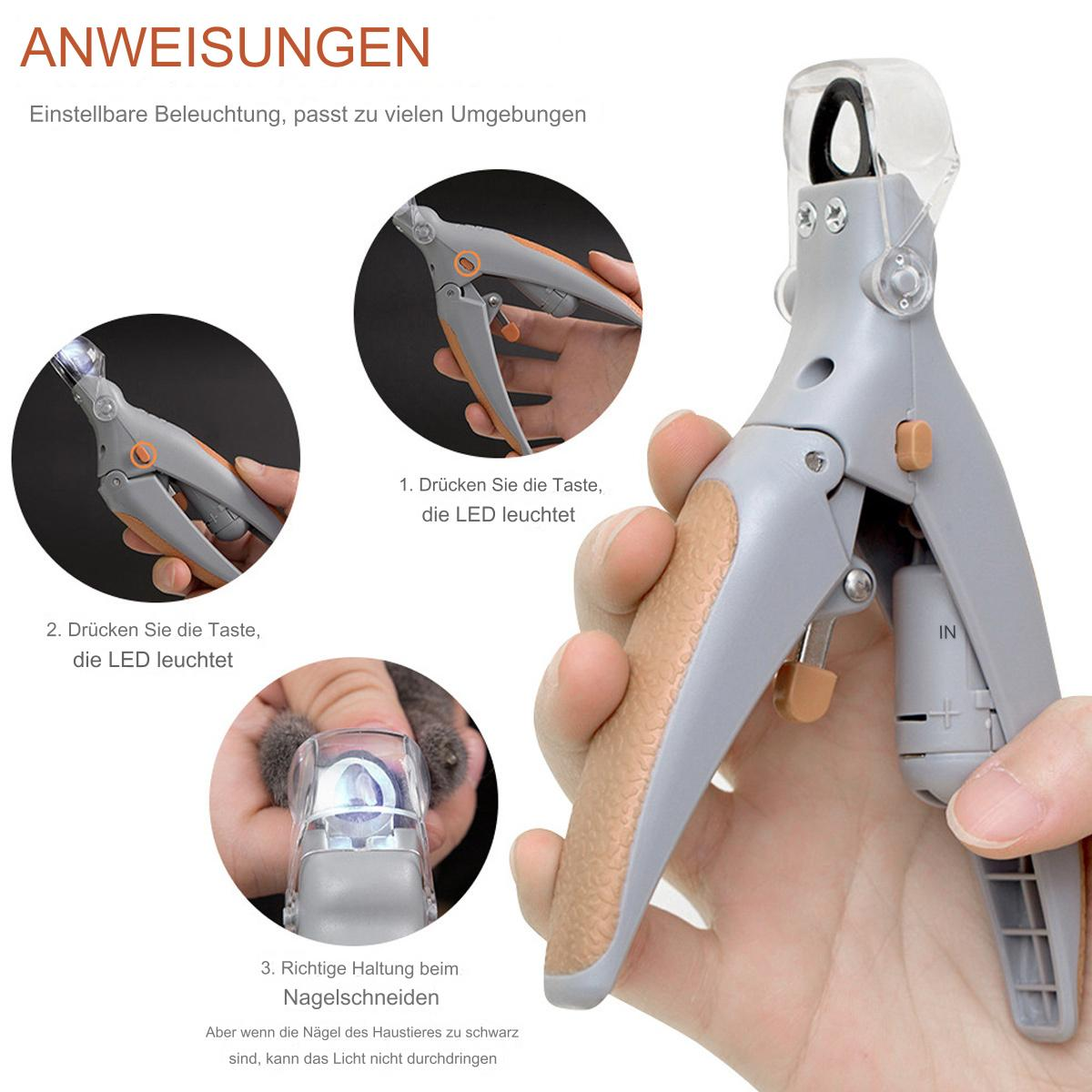 Hand hält Tiernagelknipser mit Nahaufnahme der Nägel, die verschiedene Schritte und Anweisungen veranschaulichen.