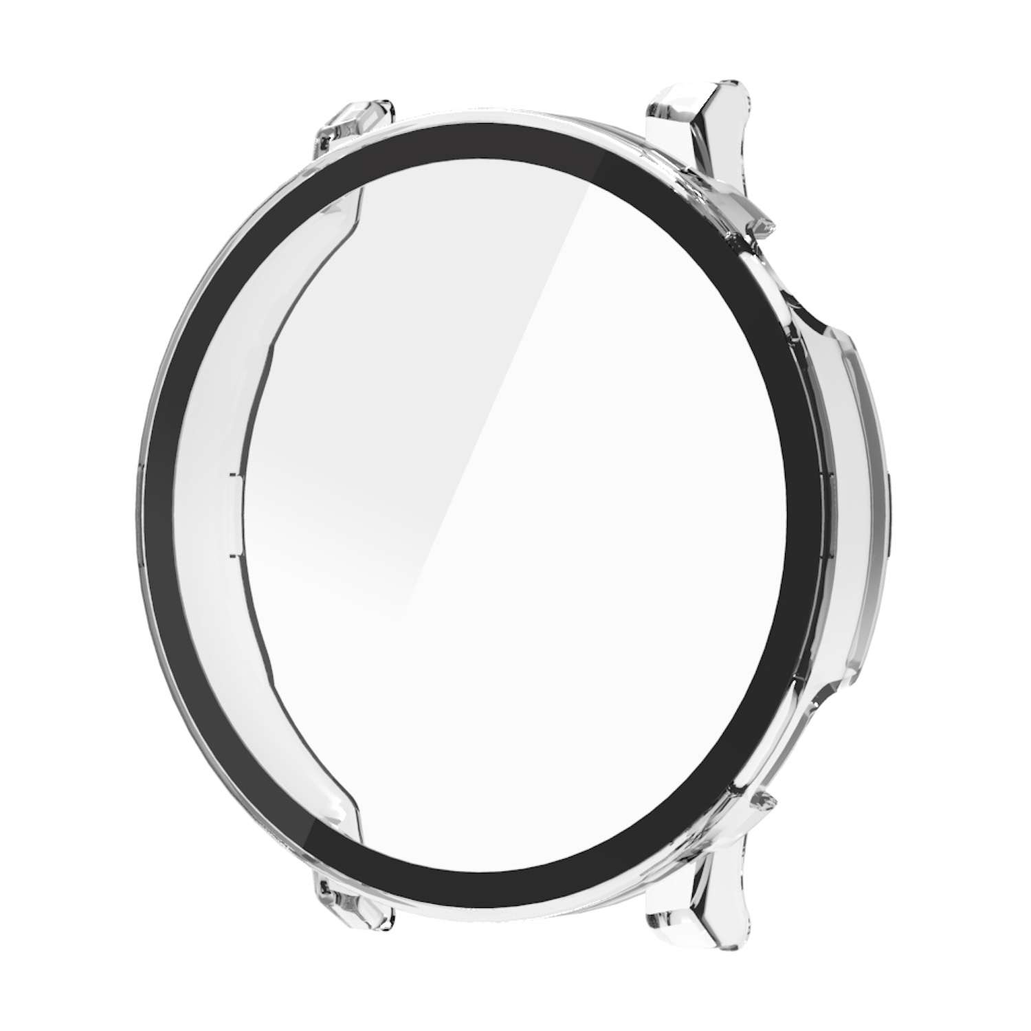 Protezione orologio trasparente. La protezione è rotonda con contorno nero e vetro trasparente al centro.