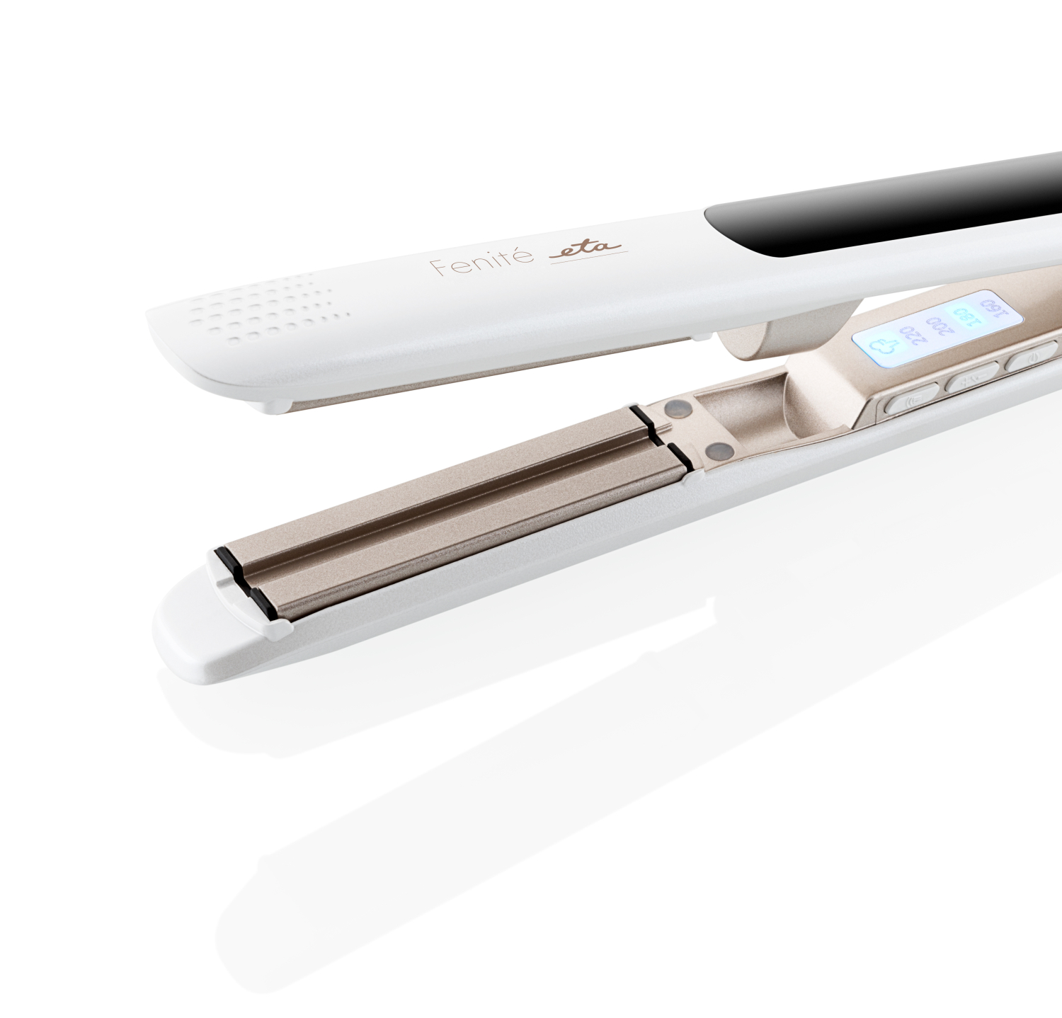A white hair straightener with gold plates, open and ready to use. The brand is 'Eta'.