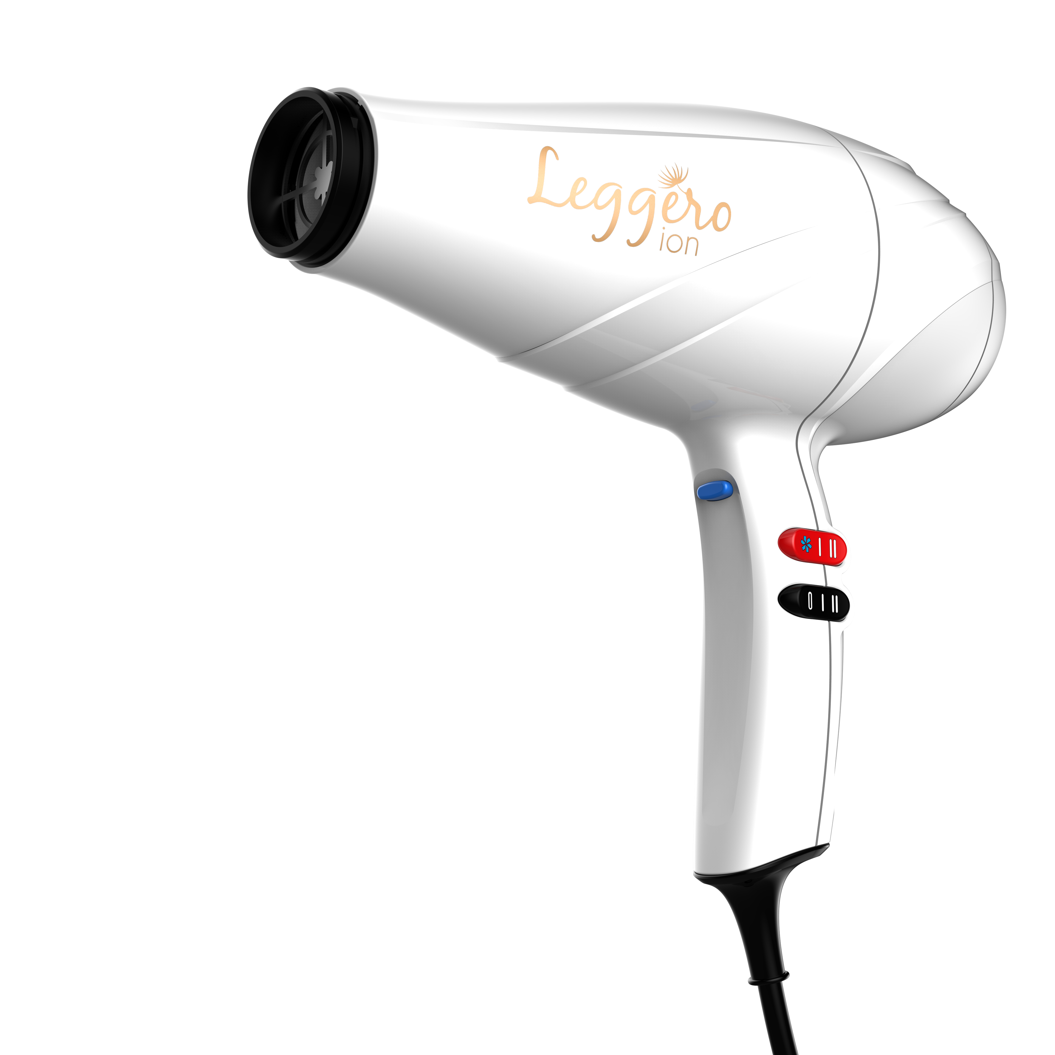 Biała suszarka do włosów z marką Leggero Ion. Niebieskie i czerwone przyciski na uchwycie.