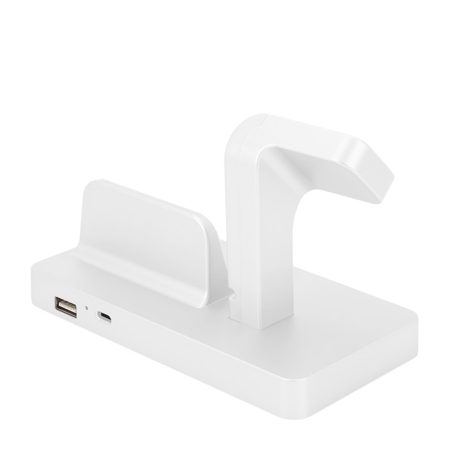 Una stazione di ricarica bianca con supporto e porta USB, su sfondo bianco.