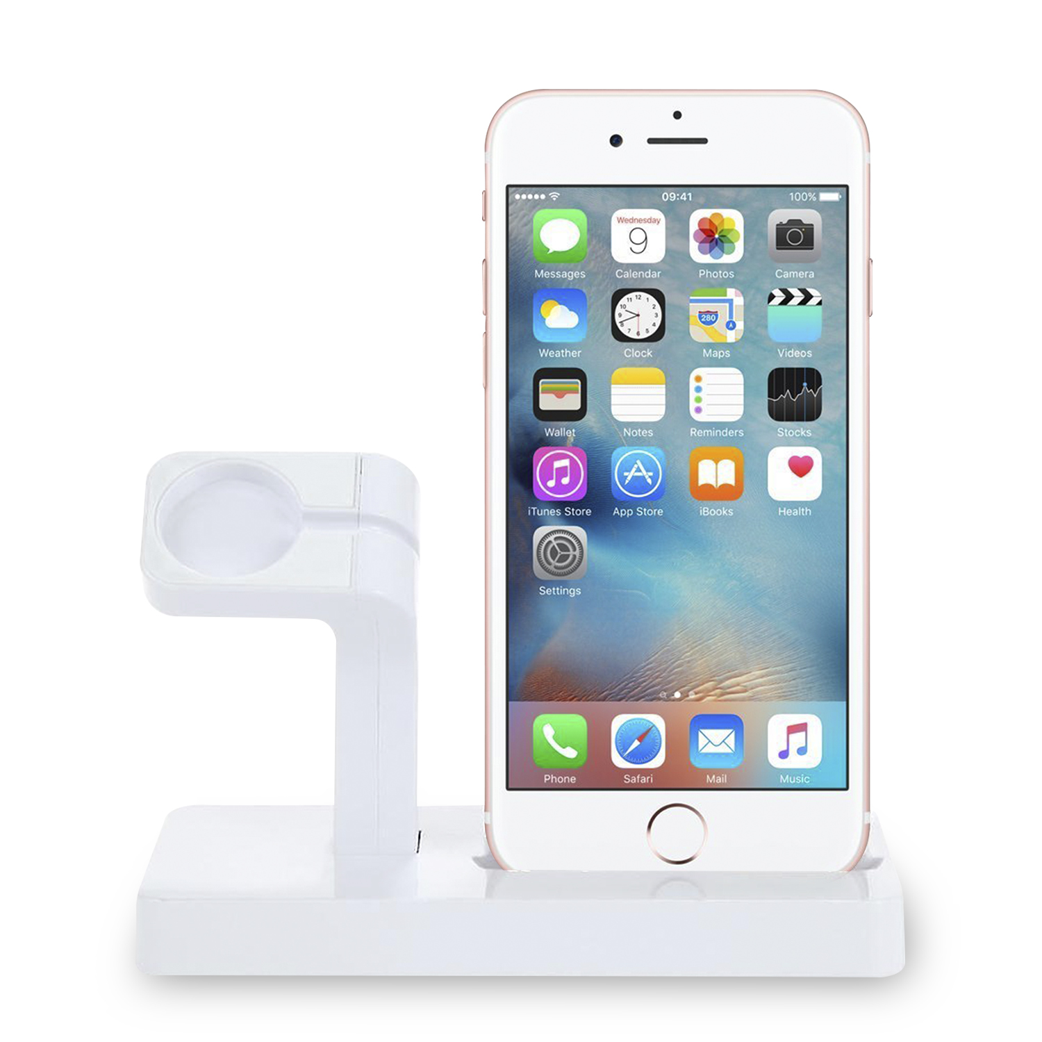 Un supporto per telefono bianco con un iPhone e un Apple Watch in carica. Lo sfondo è bianco.