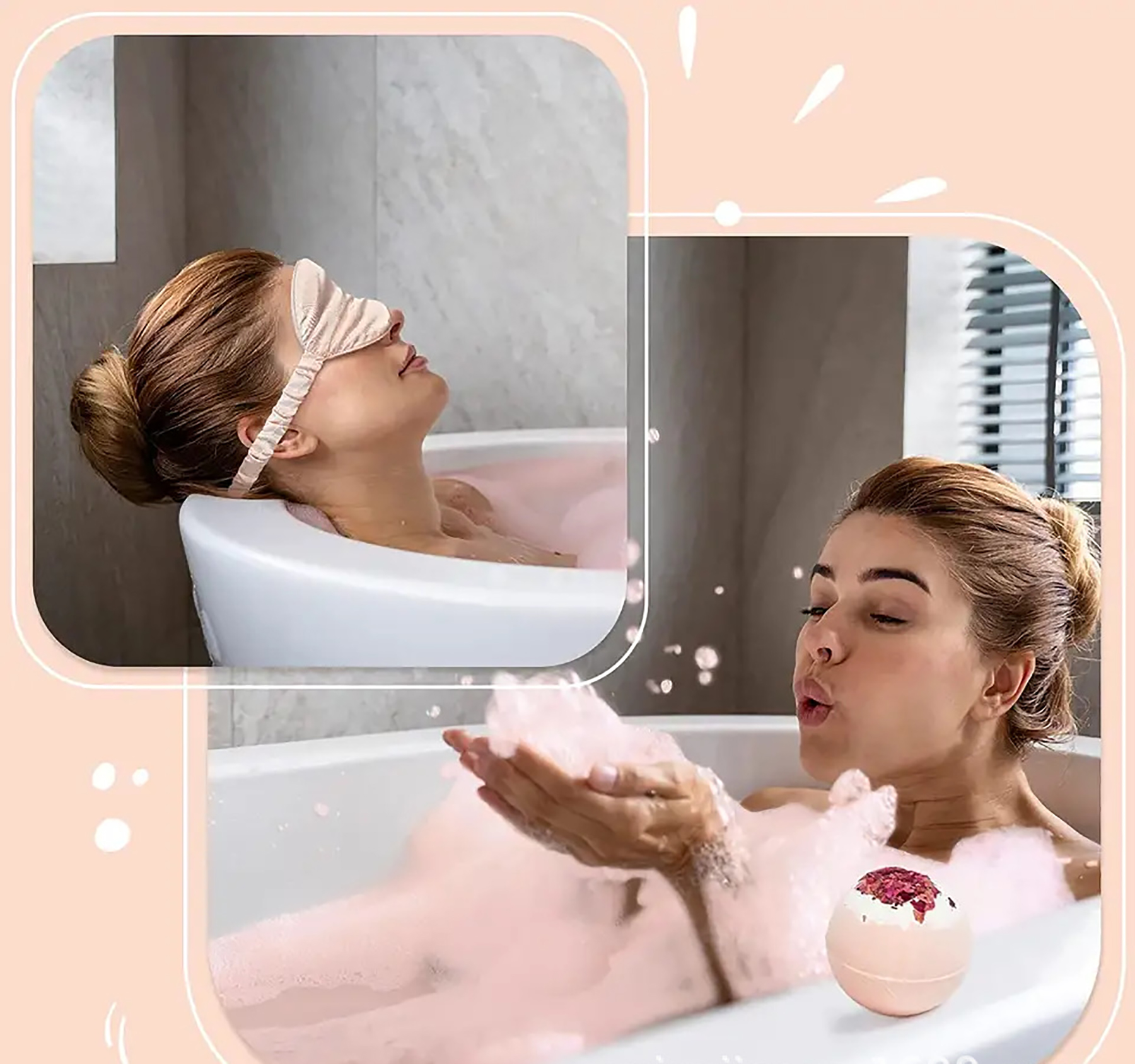 Zwei Frauen in einem Badezimmer, eine in der Badewanne mit Maske, eine andere bläst Blasen.
