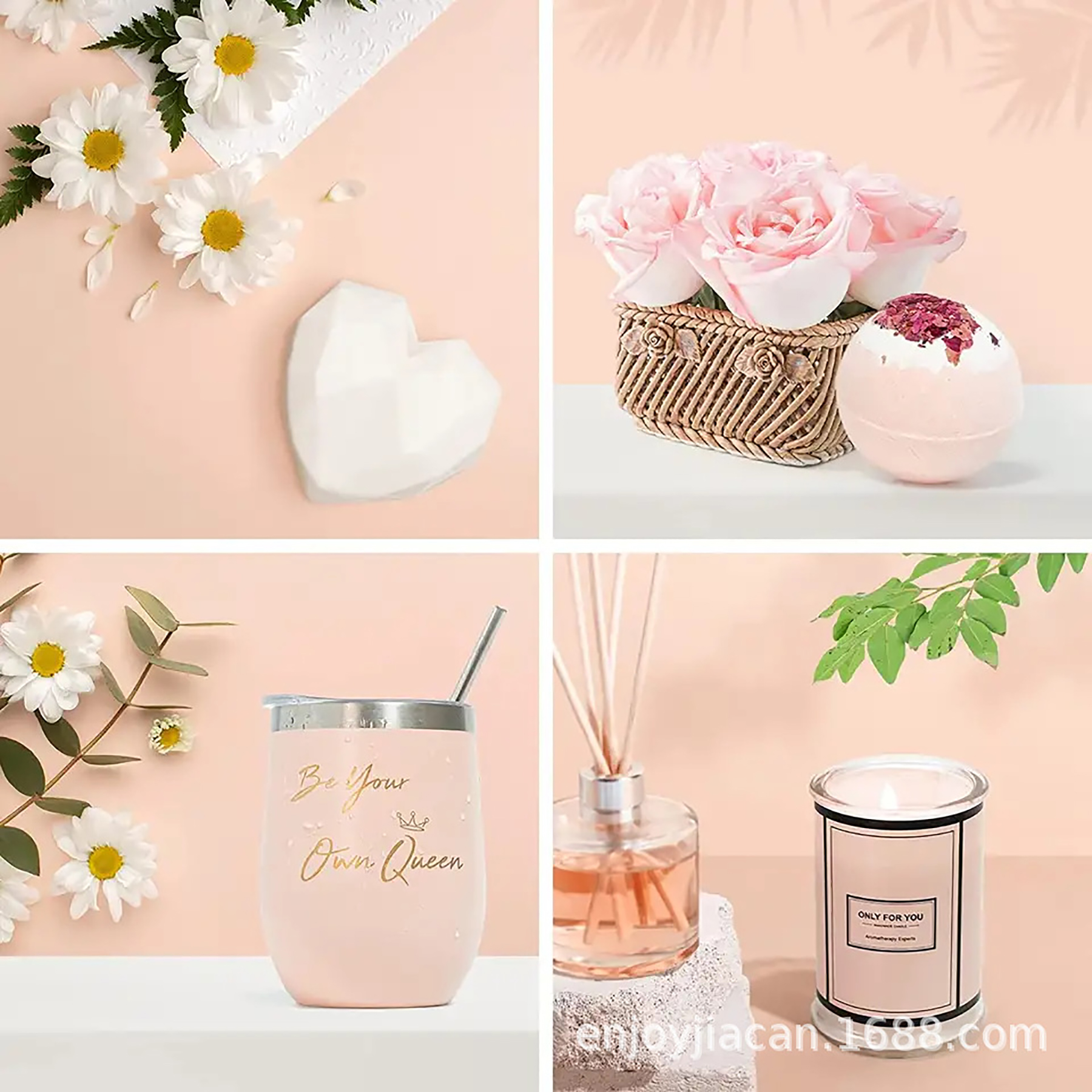 Anordnung von Blumen, Herz, Badekugel und anderen Gegenständen auf rosa Oberfläche.