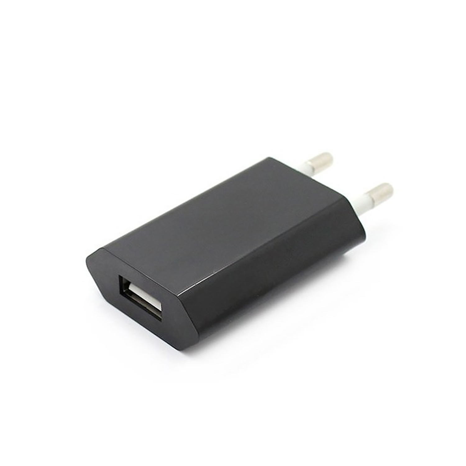 Caricatore USB nero con due pin, su una superficie bianca.