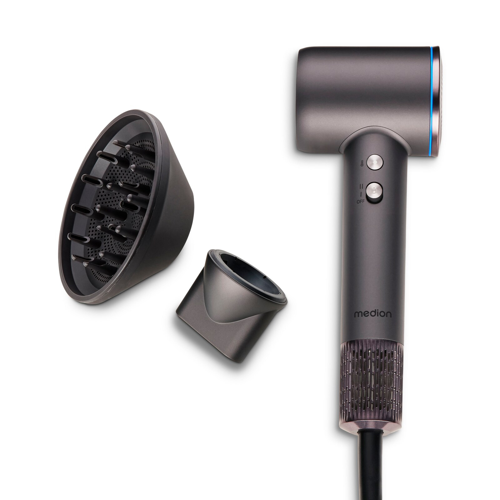 Secador - MEDION LIFE HD1, 1600 W, 3 niveles temperatura, 2 velocidades, Difusor incluido, Negro