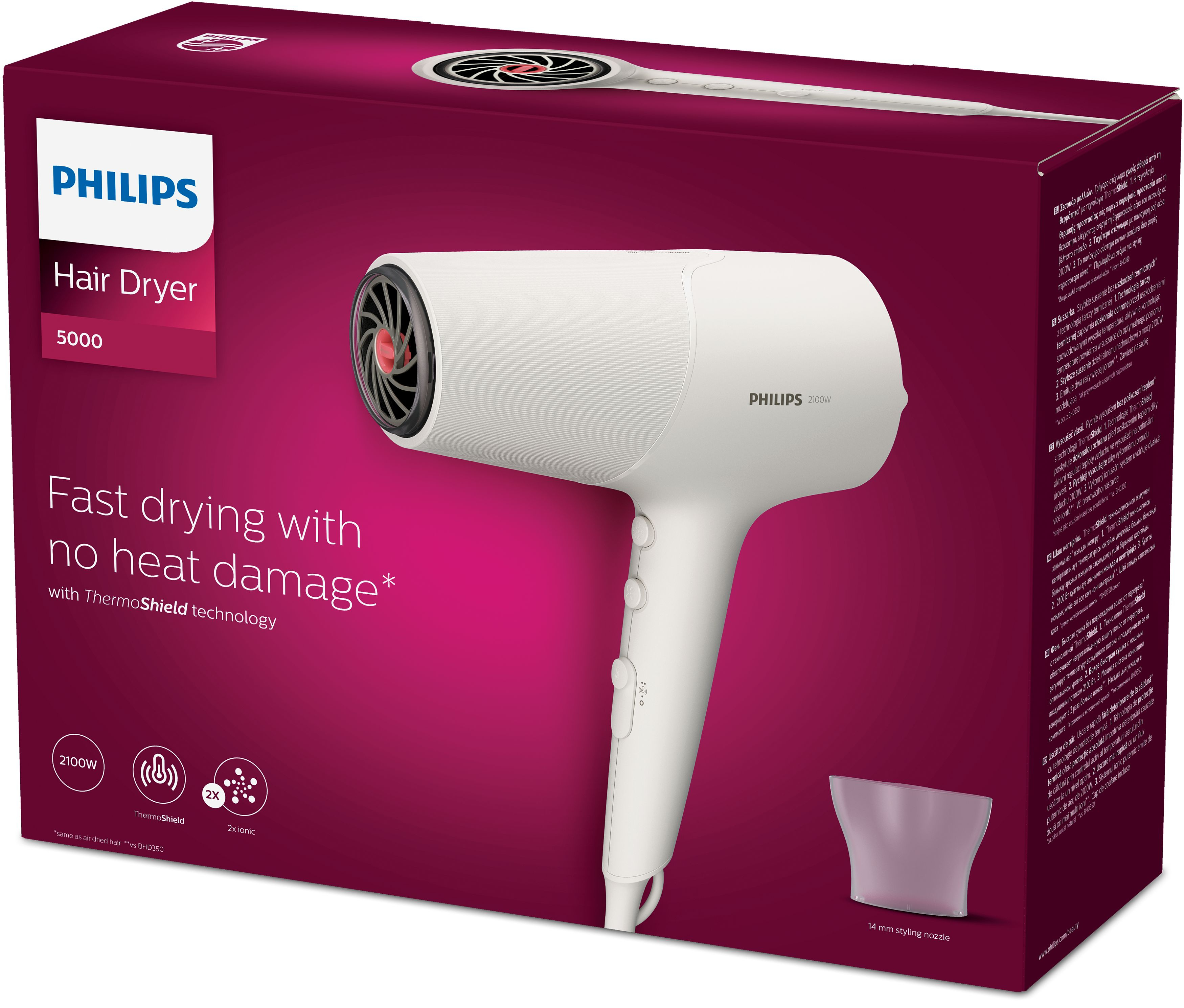 Biała suszarka do włosów Philips w pudełku. Pudełko jest fioletowe z tekstem i zdjęciami.