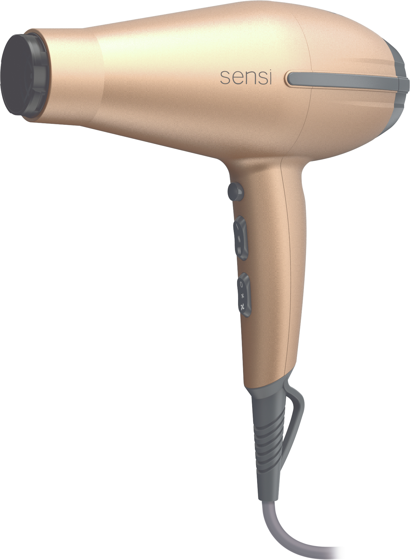 Złota suszarka do włosów. Ma uchwyt, przyciski i szary przewód. Marka 'sensi' jest z boku.