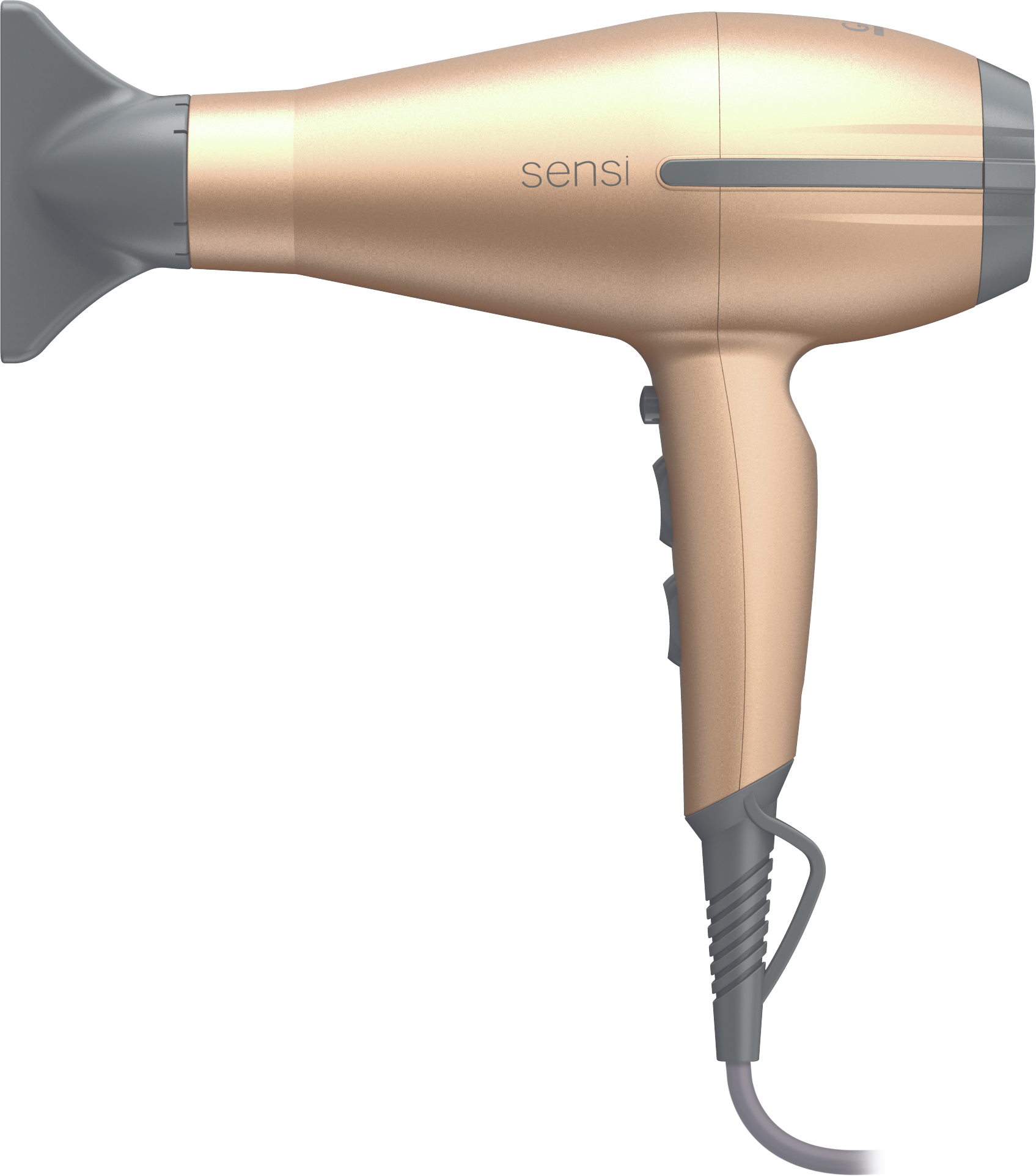 Złota i szara suszarka do włosów z uchwytem i przewodem, na białym tle.