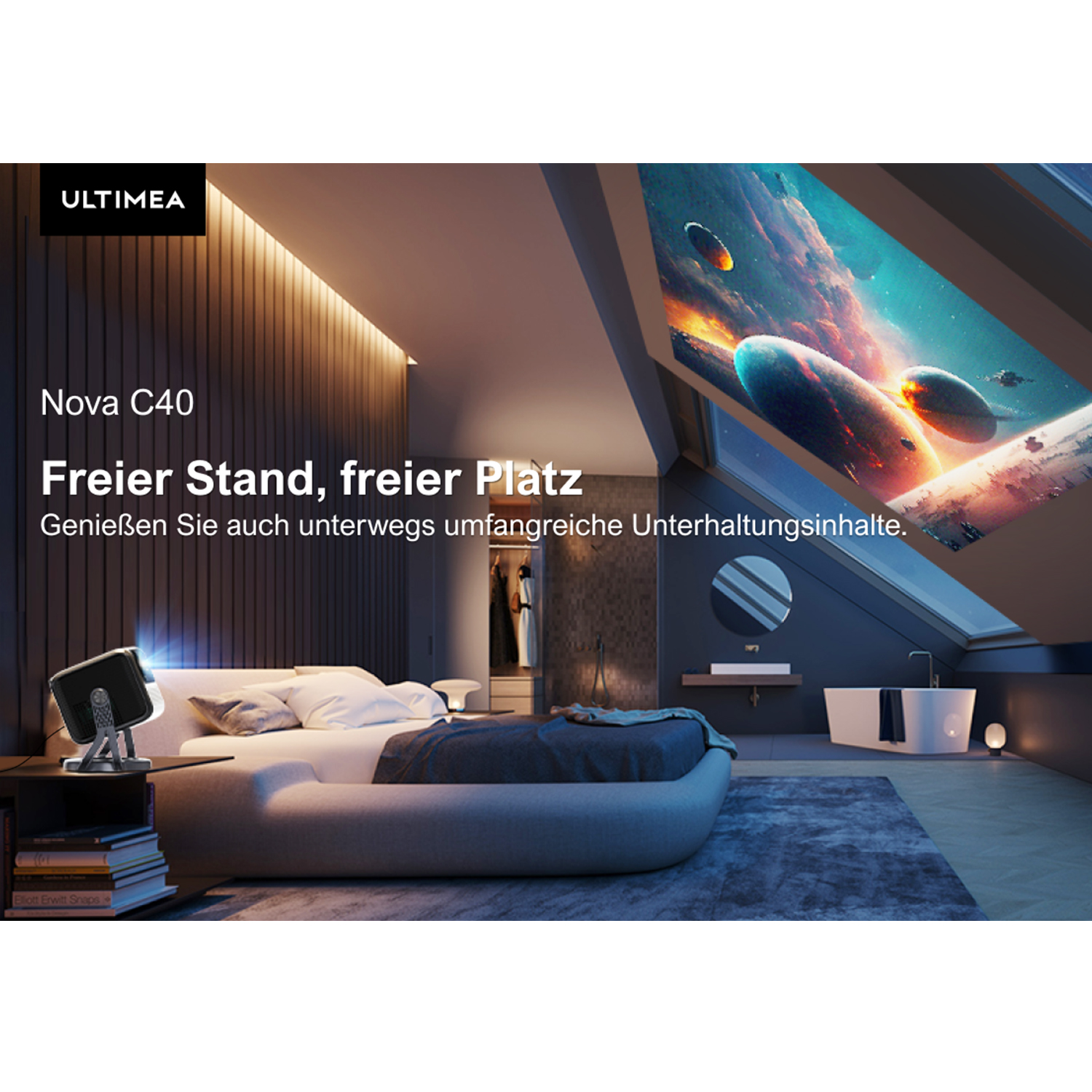 Ein modernes Schlafzimmer mit einer Projektionsleinwand, die eine Weltraumszene zeigt.