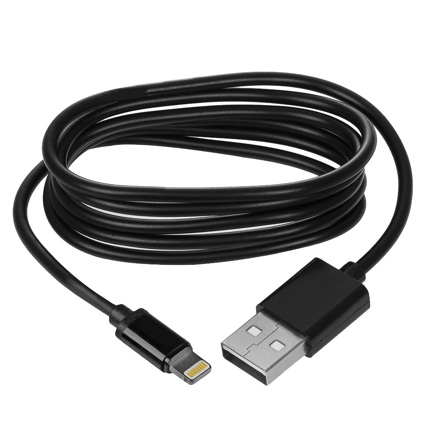 Un cable negro de Lightning a USB. Los conectores son claramente visibles.