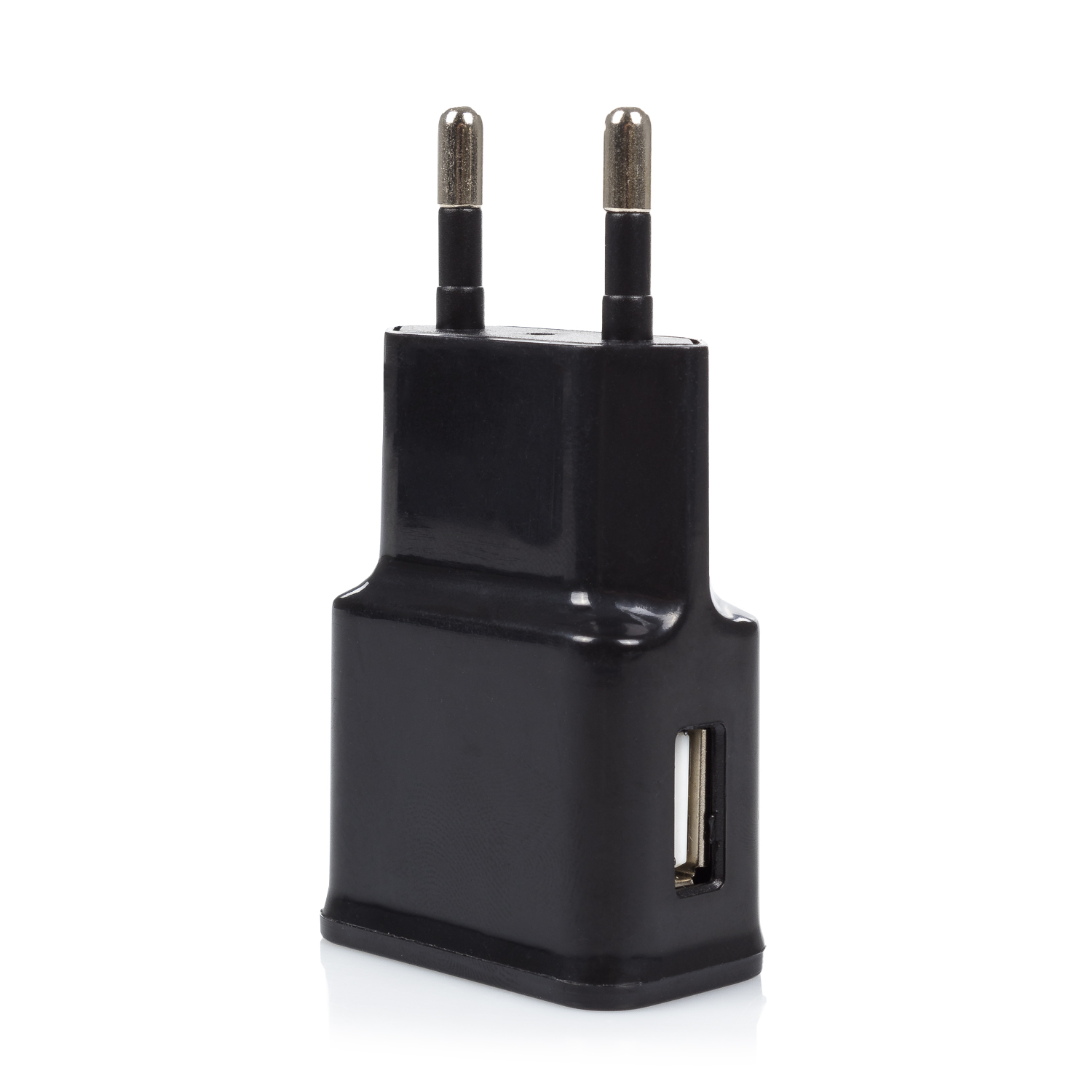Caricatore USB nero con due spine e una porta USB. È su sfondo bianco.