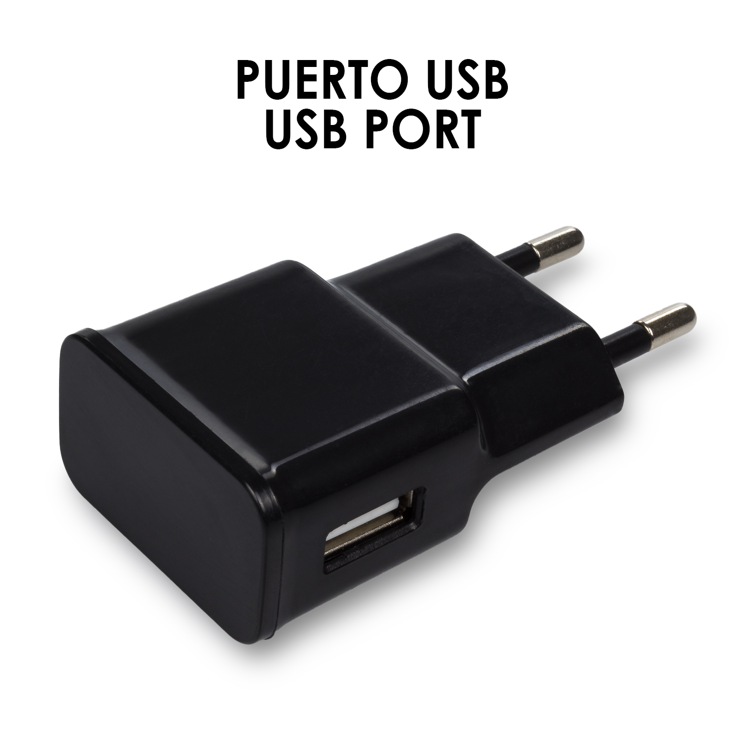 Un caricatore USB nero con porta USB. Il testo in alto dice 'PORTA USB'.