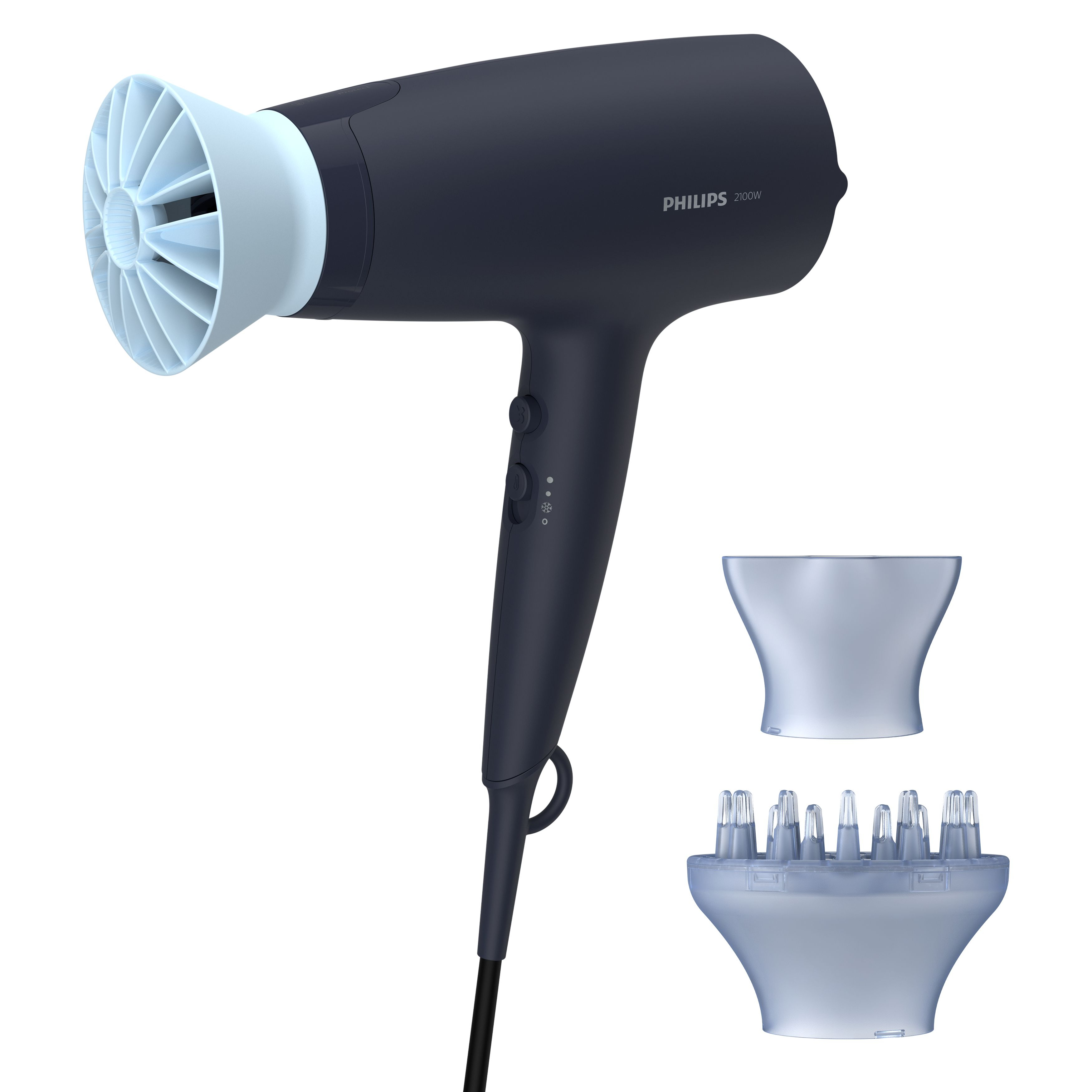 Donkerblauwe Philips föhn met twee opzetstukken op een witte achtergrond.