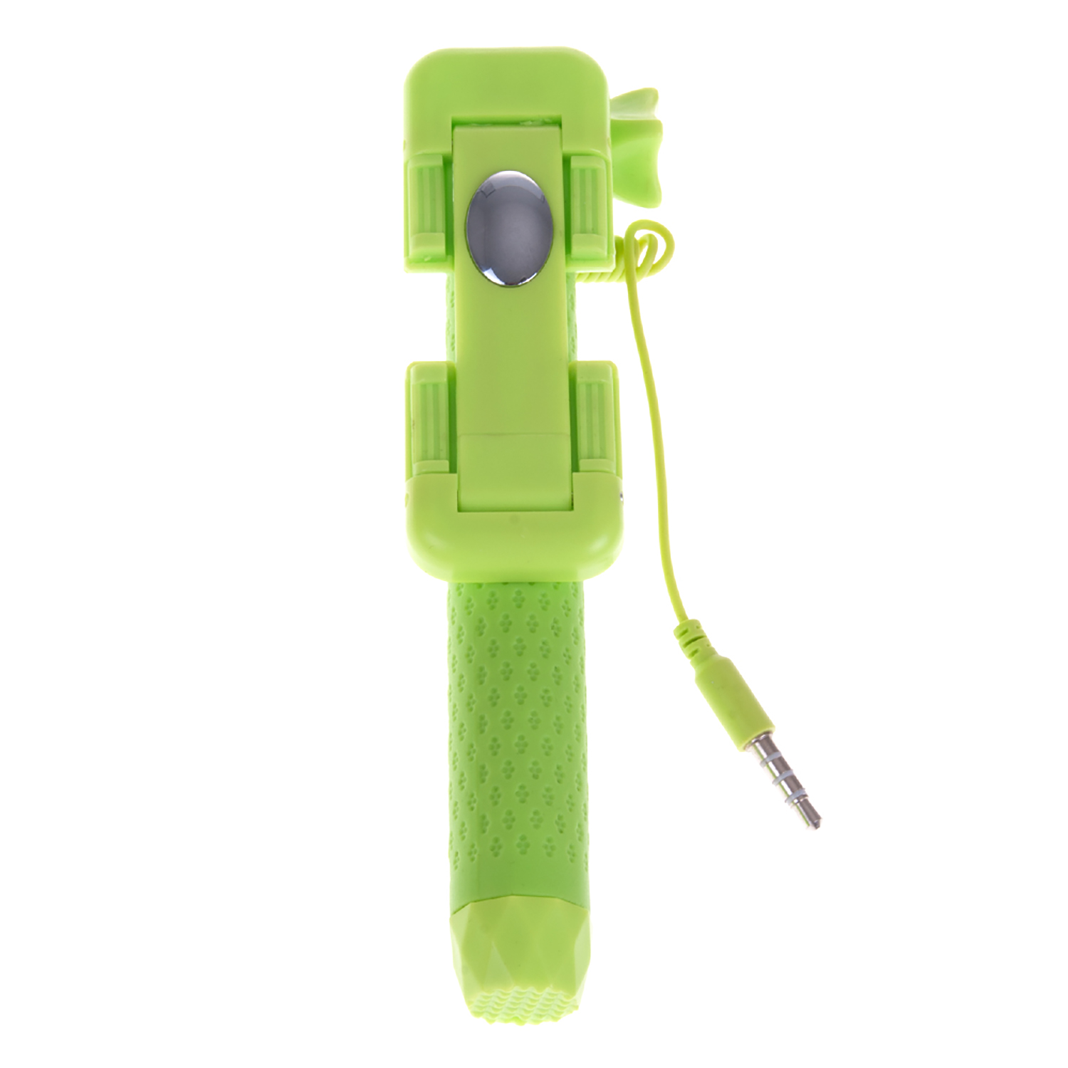 Un selfie stick verde con un supporto per telefono e un connettore jack audio.