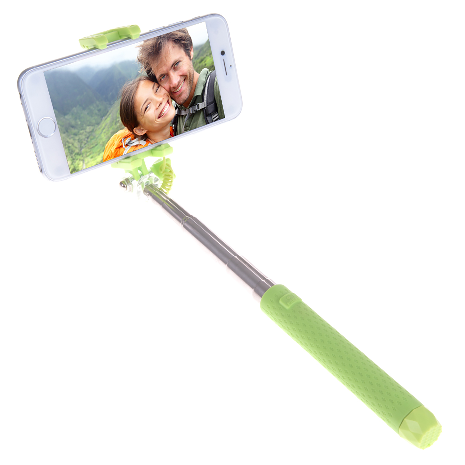 Un bastone per selfie che tiene un telefono con una coppia sullo schermo. Impugnatura e supporto per telefono verdi.
