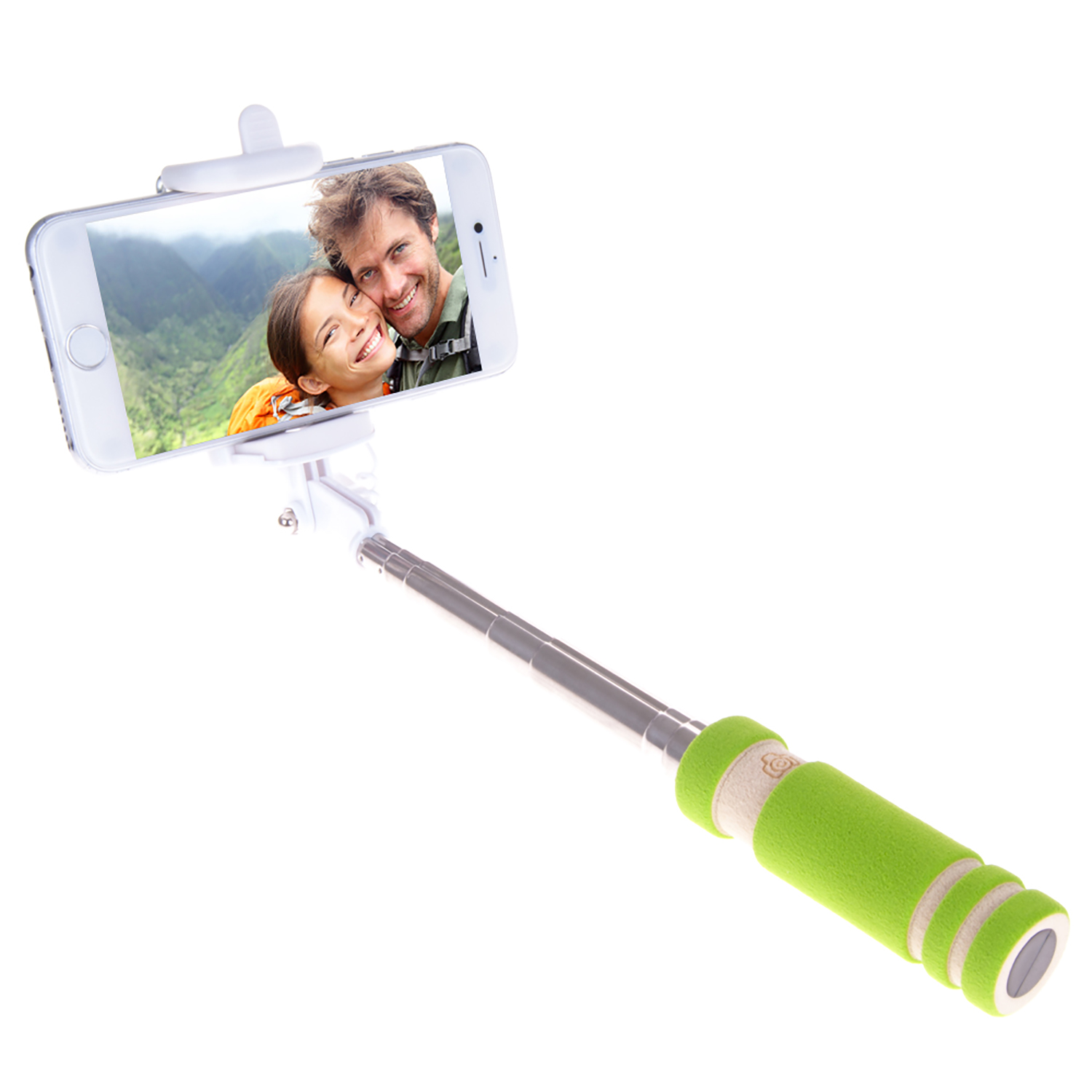 Un bastone per selfie che tiene un telefono con una coppia sorridente sullo schermo. Ha un'impugnatura verde.