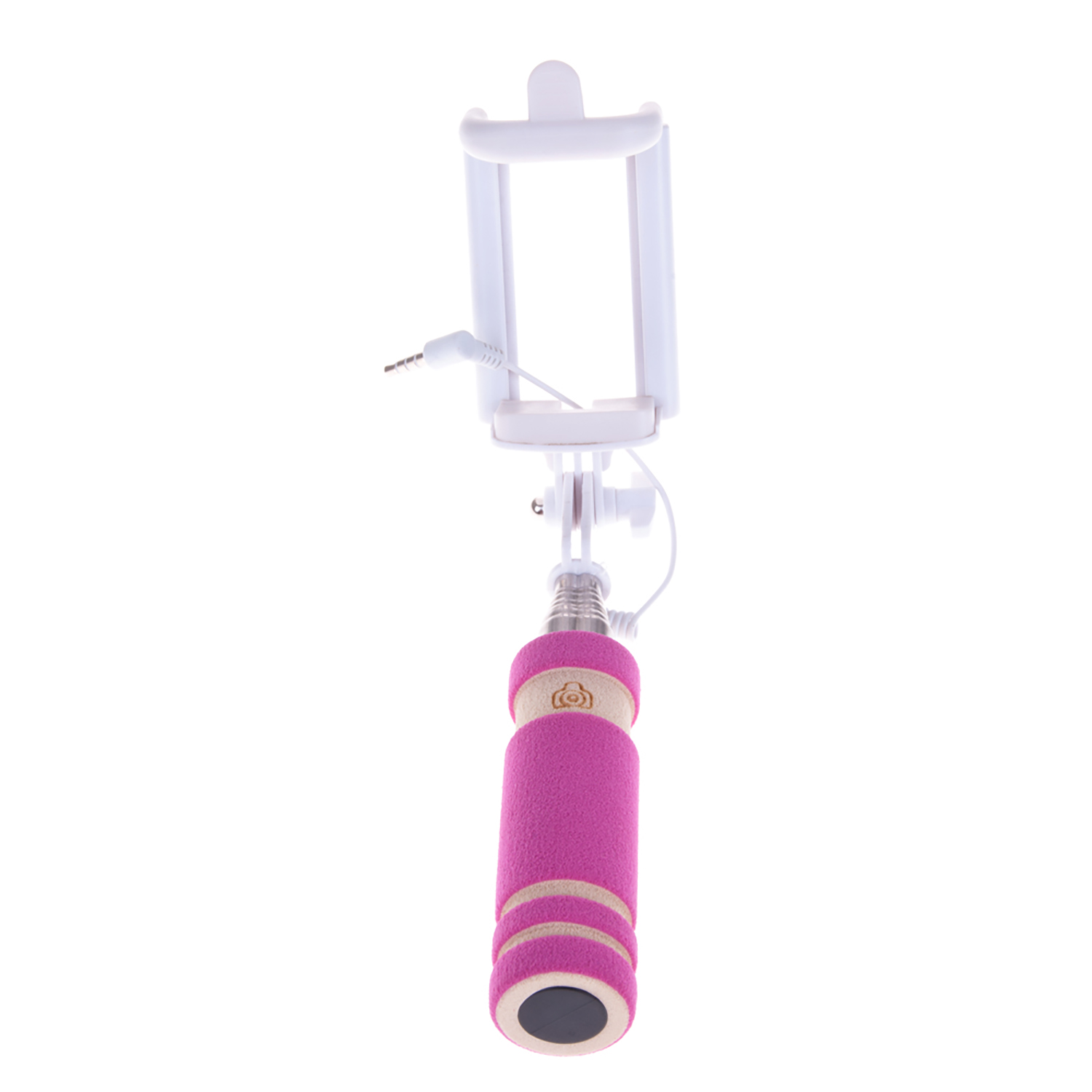 Un palo selfie blanco con mango rosa y soporte para smartphone, sobre fondo blanco.