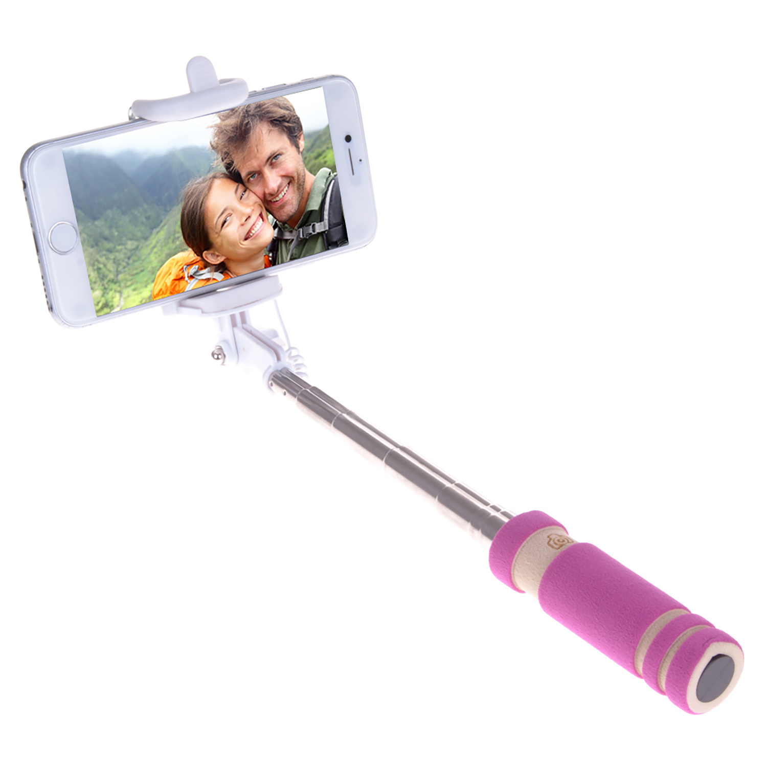 Palo selfie sosteniendo un teléfono con foto de pareja. El mango es rosa.