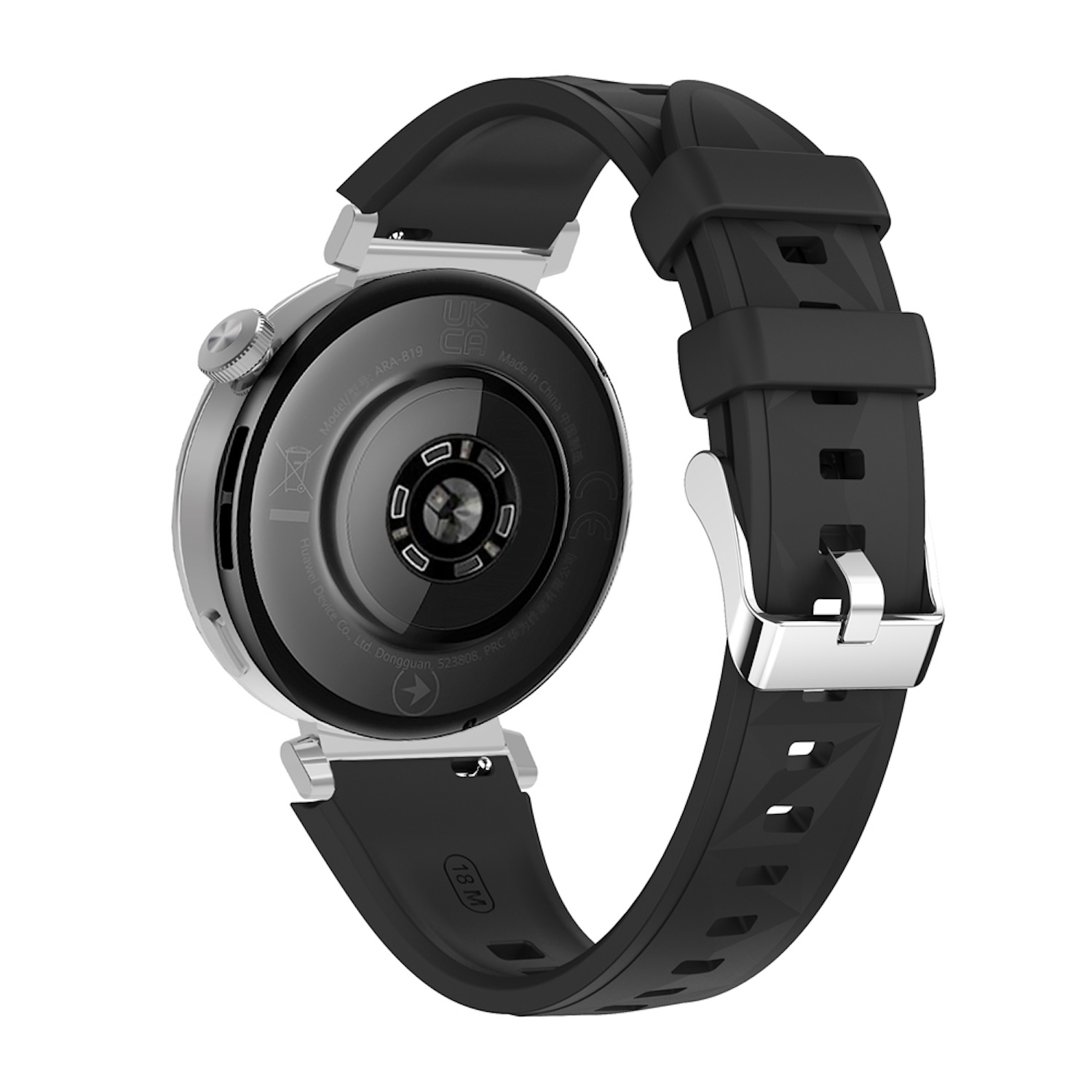 Eine Smartwatch mit schwarzem Armband. Auf der Rückseite sind ein Sensor und das Markenlogo zu sehen.