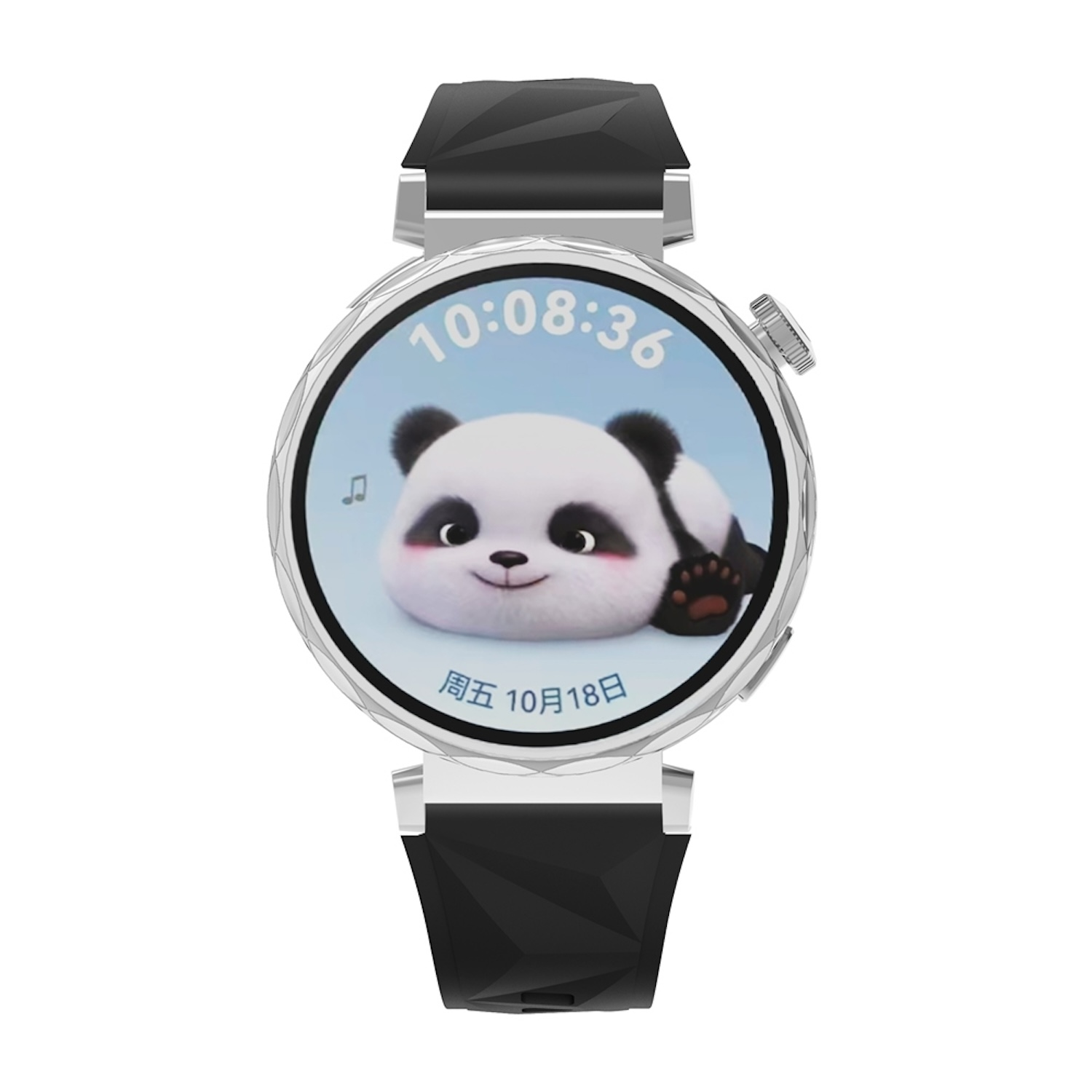 Smartwatch mit Panda-Gesicht auf dem Bildschirm, schwarzem Armband und silbernem Rahmen.