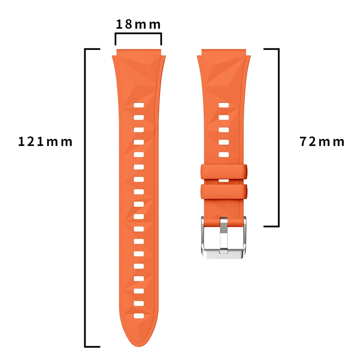 Zwei orangefarbene Uhrenarmbänder mit Maßangaben in Millimetern.