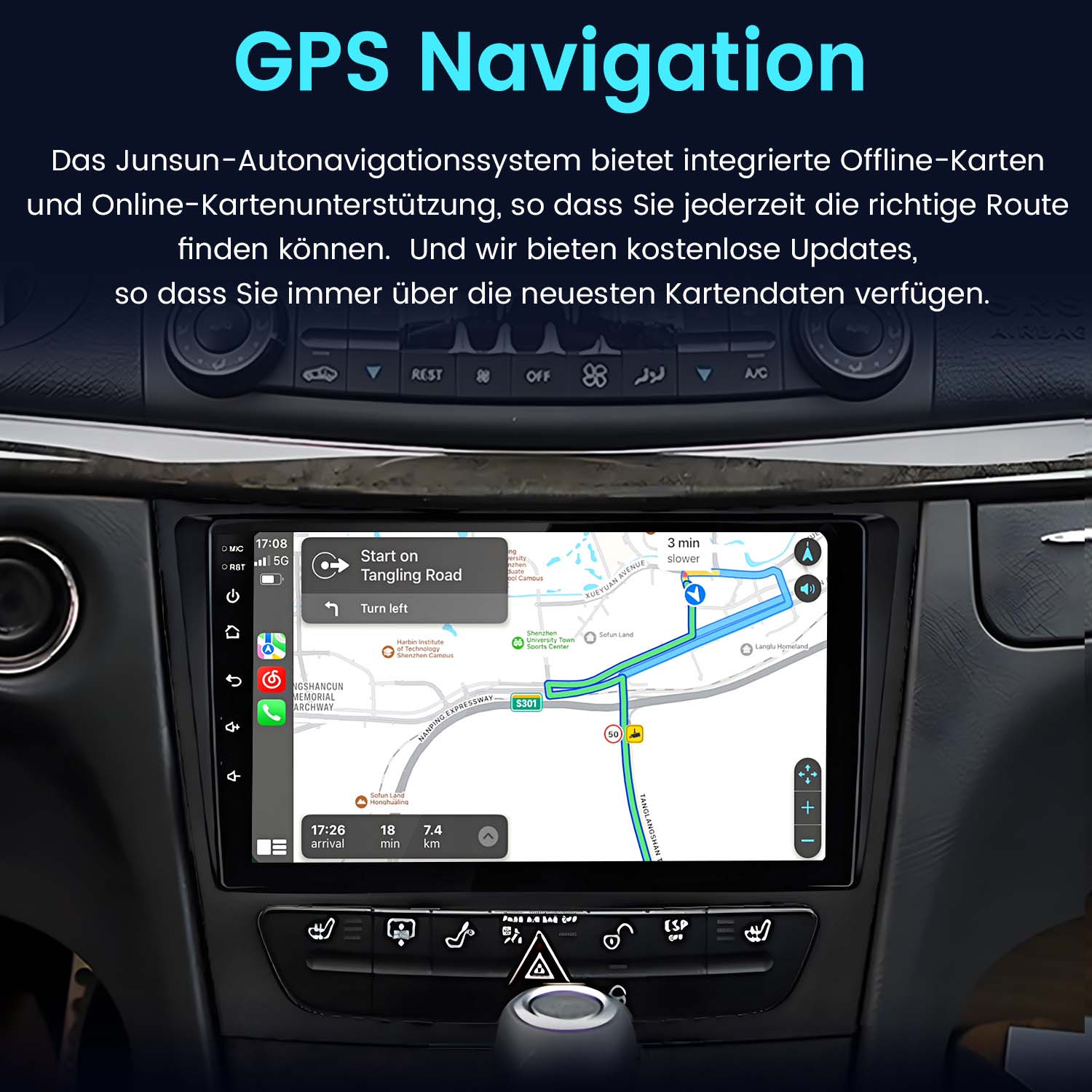 Ekran nawigacji samochodowej pokazujący mapę z informacjami nawigacji GPS.