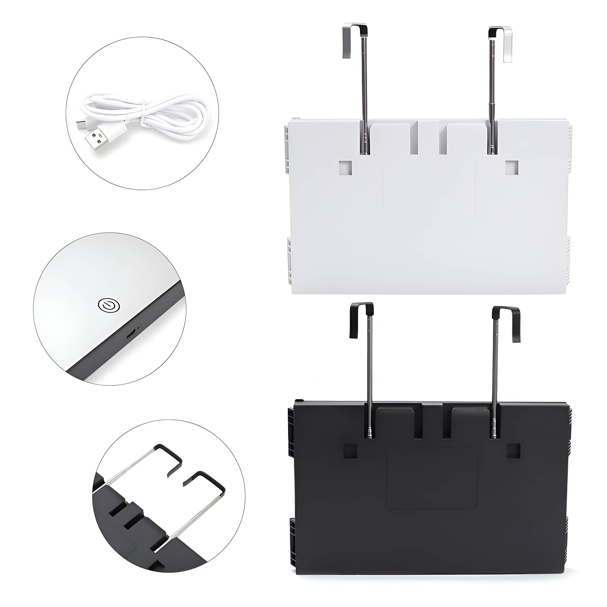 Zwei weiß-schwarze Wandorganizer mit USB-Kabeln und Aufhängehaken.