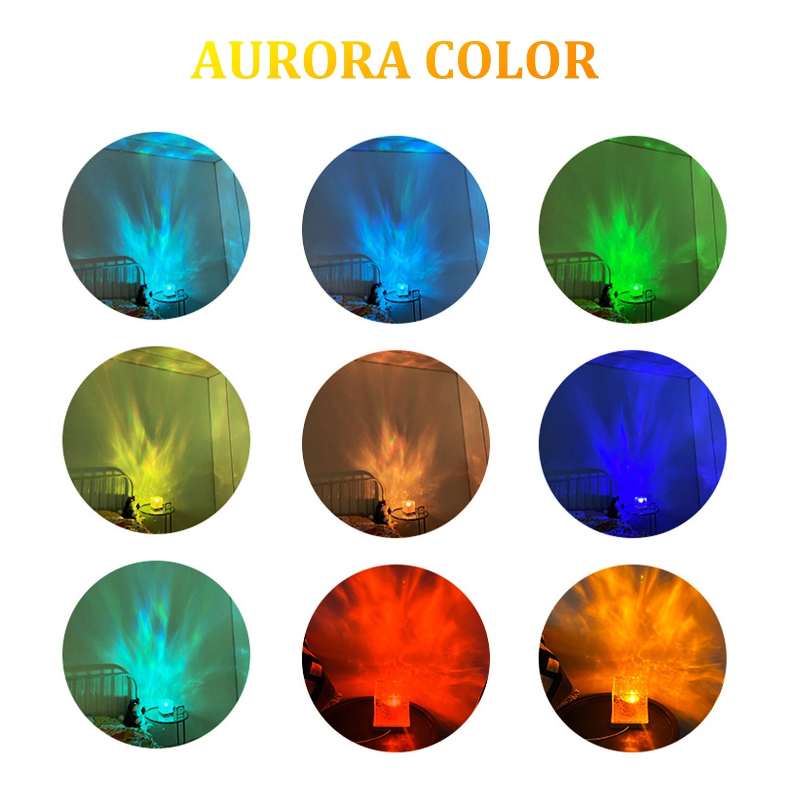Neun kreisförmige Bilder zeigen verschiedene Farben von Licht, die auf einen Raum projiziert werden, beschriftet mit Aurora Color.