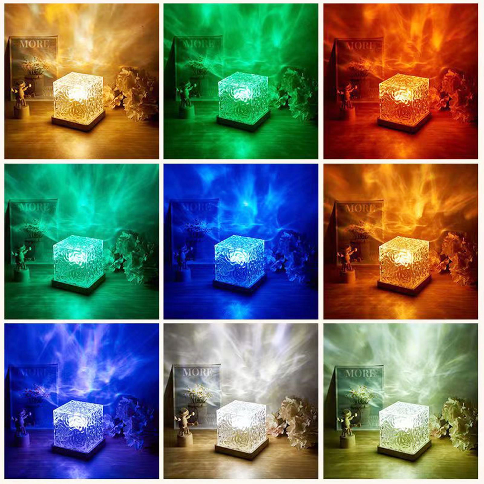 Neun Bilder eines Würfelleuchters mit verschiedenen Lichtfarben.