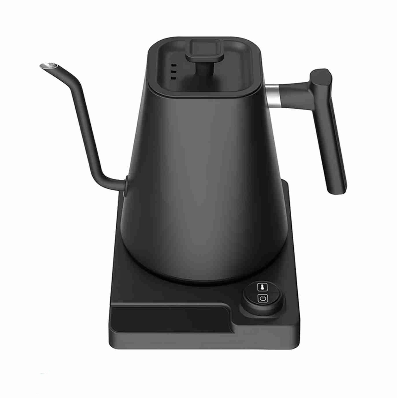 Schwarzer elektrischer Wasserkocher mit Schwanenhalsauslauf und schwarzem Sockel mit Knöpfen.