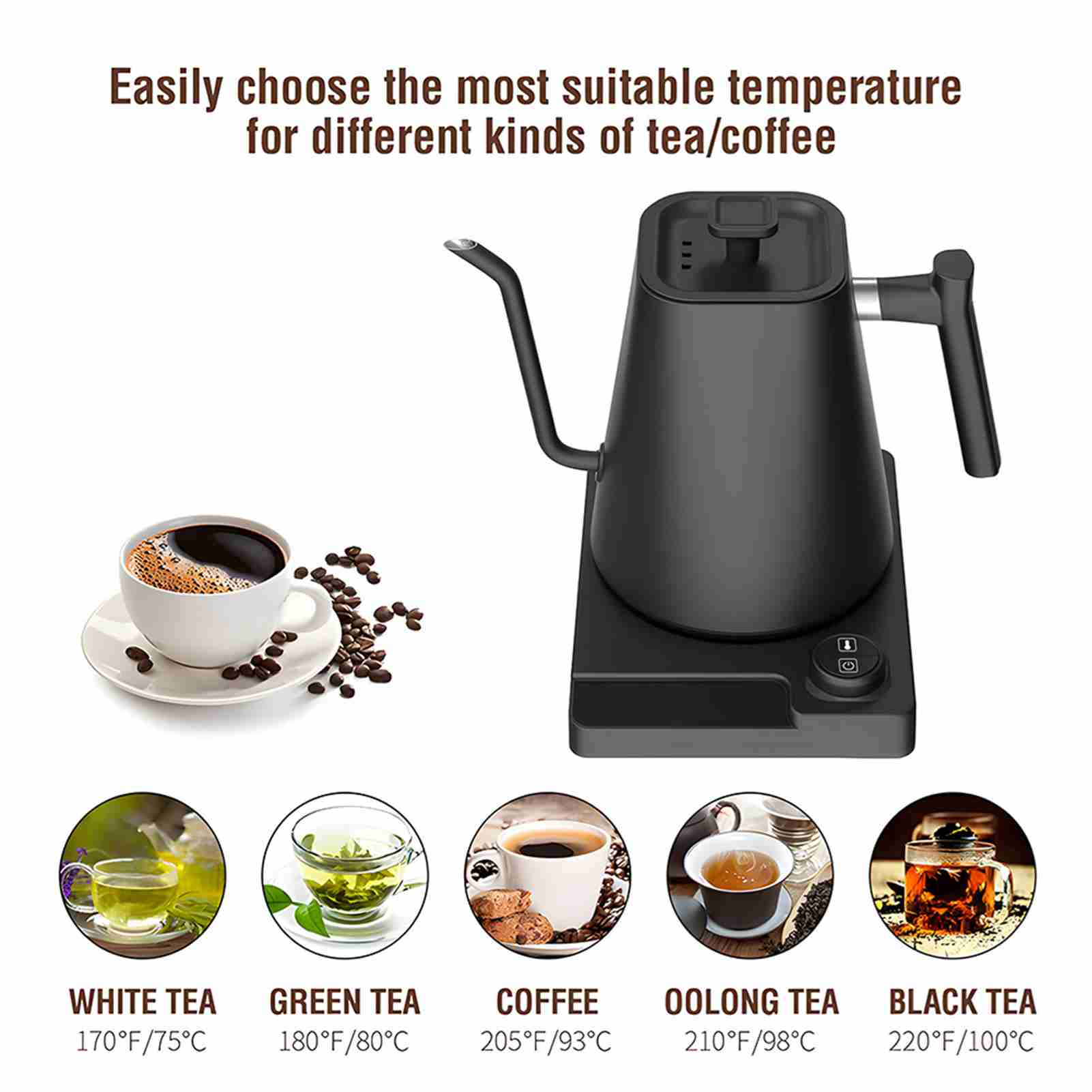 Schwarzer Wasserkocher mit einer Tasse Kaffee und fünf Kreisen mit Temperaturen für Teearten.
