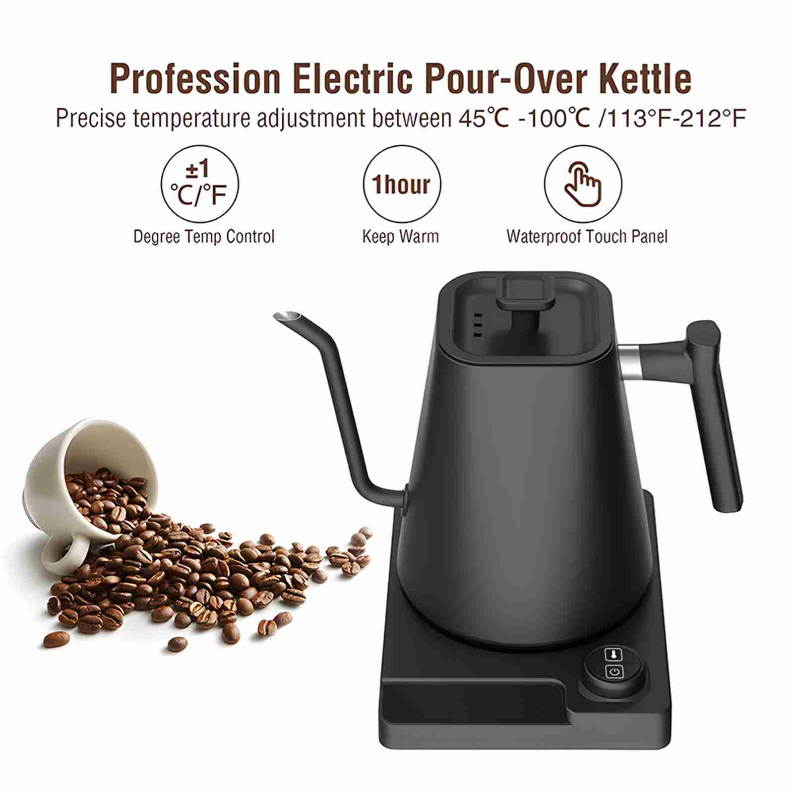 Schwarzer elektrischer Aufgusskessel mit Kaffeebohnen. Text: präzise Temperatureinstellung.