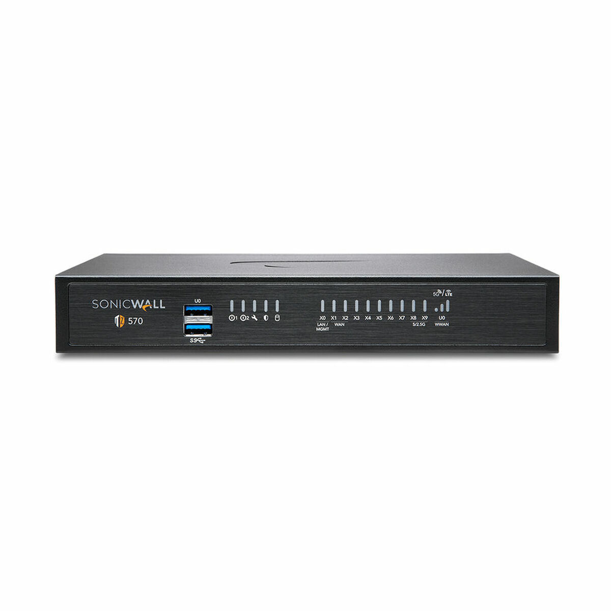 Un dispositivo di sicurezza di rete SonicWall TZ 570 nero, con più porte e luci.