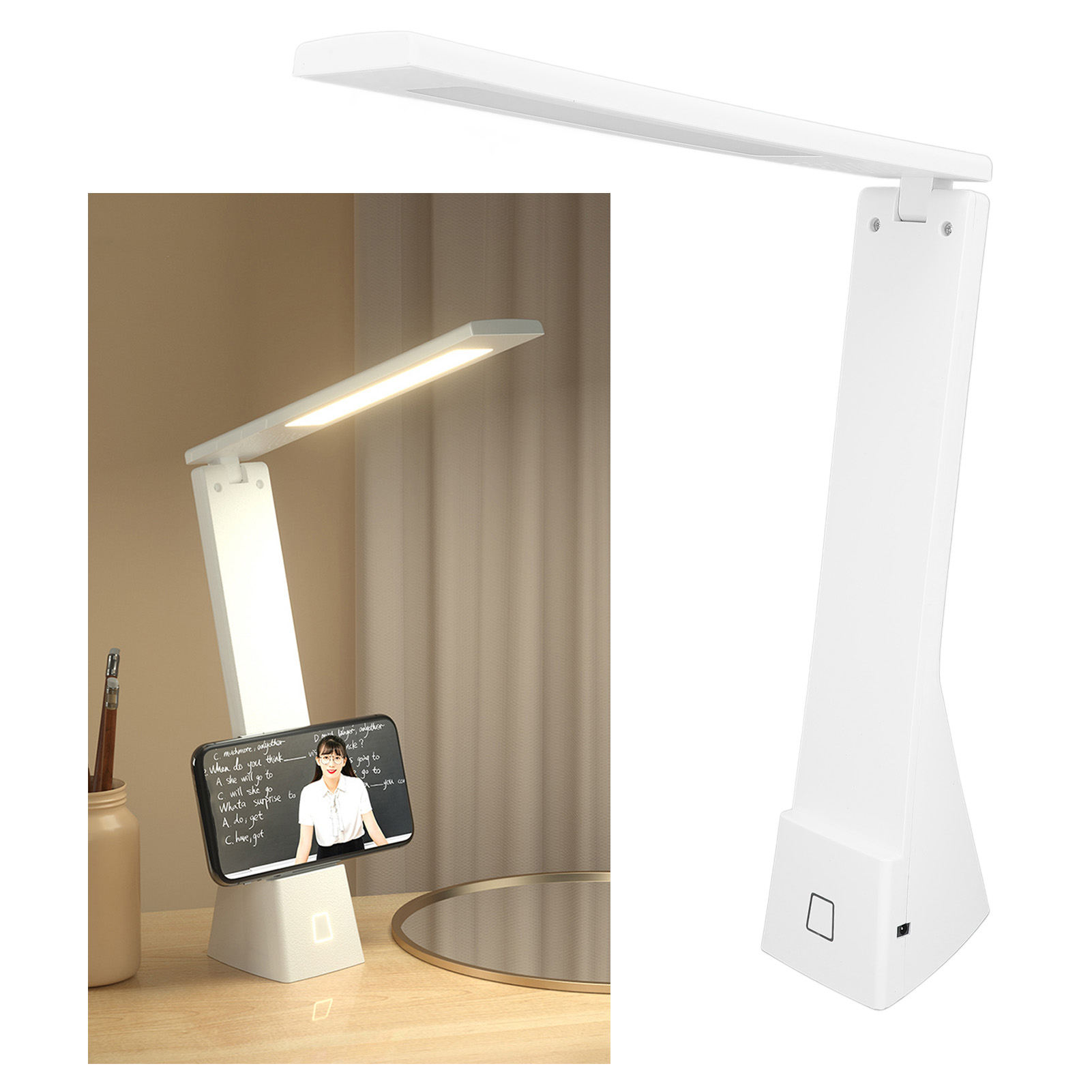 Weiße Schreibtischlampe mit Telefonhalter und Telefon, das eine Lektion anzeigt, auf einem Schreibtisch.