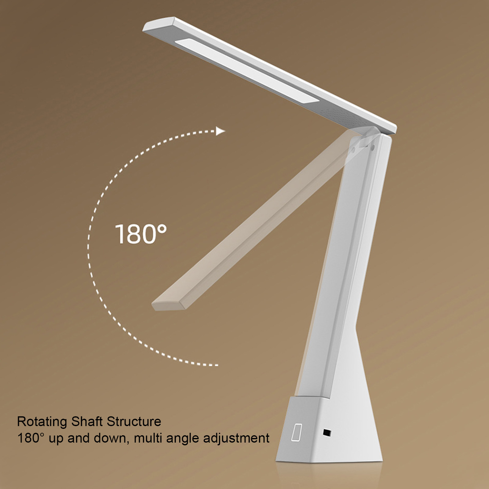 Weiße Schreibtischlampe mit rotierender Struktur, Licht zeigt nach unten.
