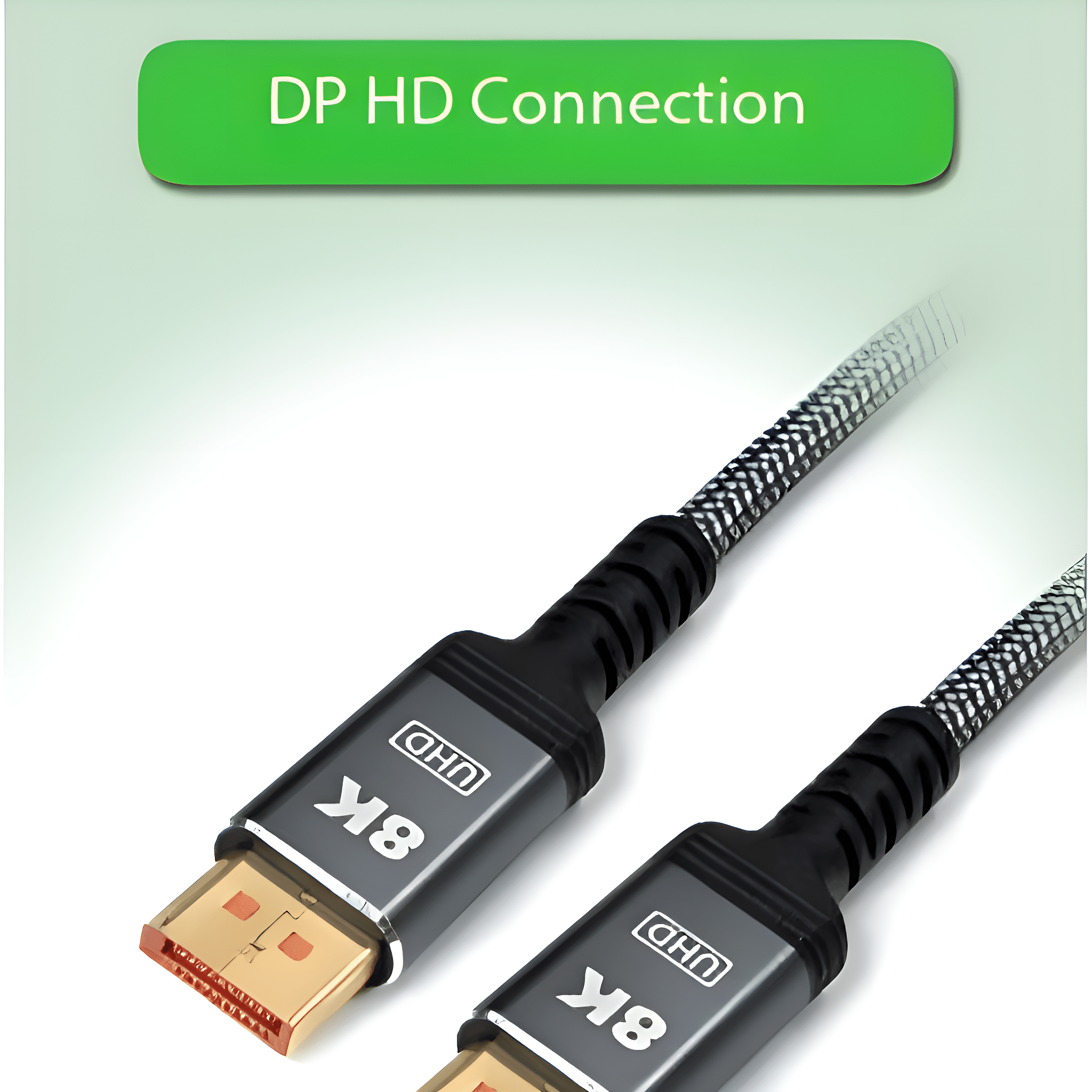 DP HD-Anschlusskabel, schwarz und silber, mit 8K UHD-Etikett, orangefarbener Stecker.