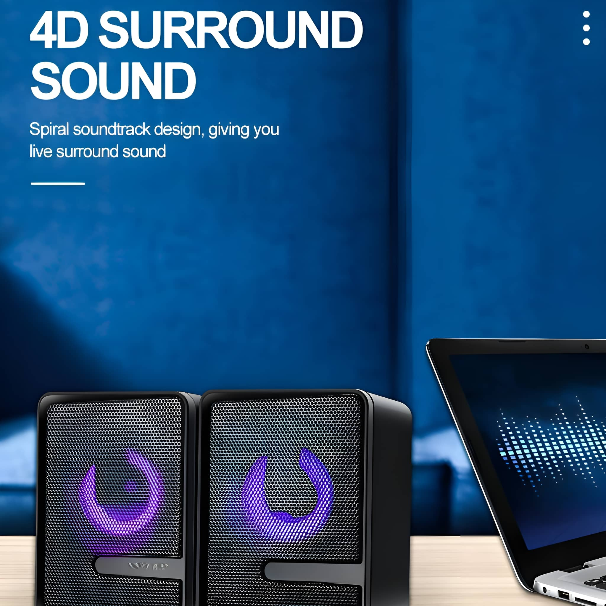 Zwei Lautsprecher mit einem Laptop im Hintergrund. Text: 4D SURROUND SOUND.