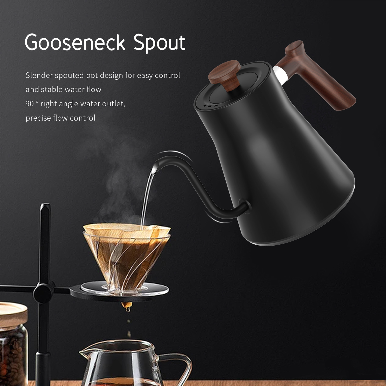 Ein schwarzer Schwanenhalskessel, der Wasser in einen Kaffeefilter gießt.