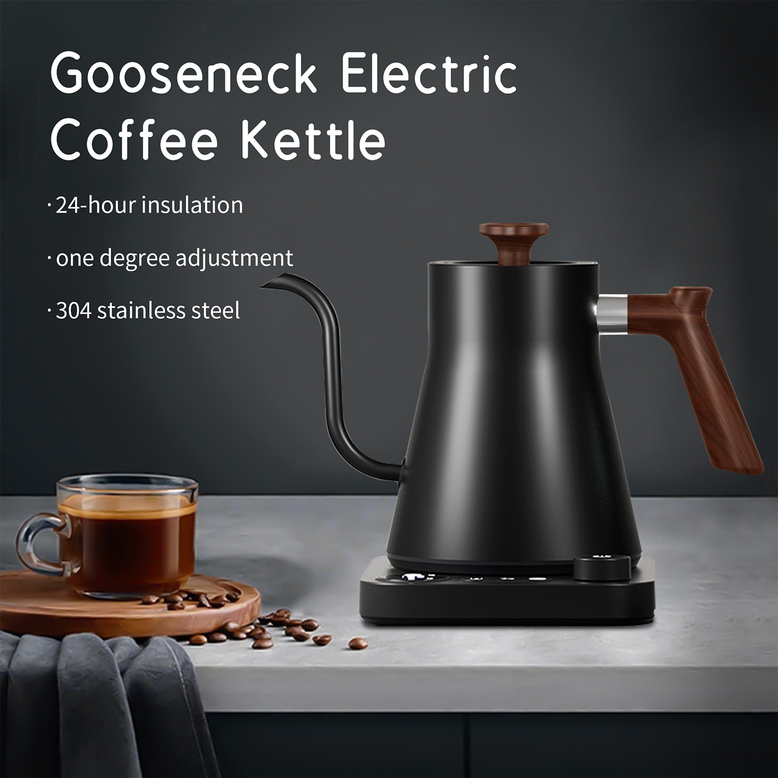 Schwarzer Schwanenhals-Elektro-Kaffee-Kessel mit Holzgriff auf schwarzem Sockel, mit einer Tasse.