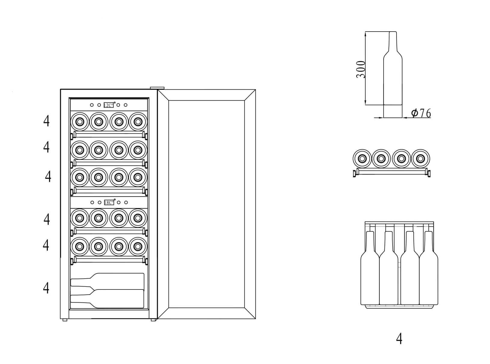 Diagramm eines Weinkühlers mit Flaschen im Inneren und Abmessungen. Seiten- und Draufsicht.